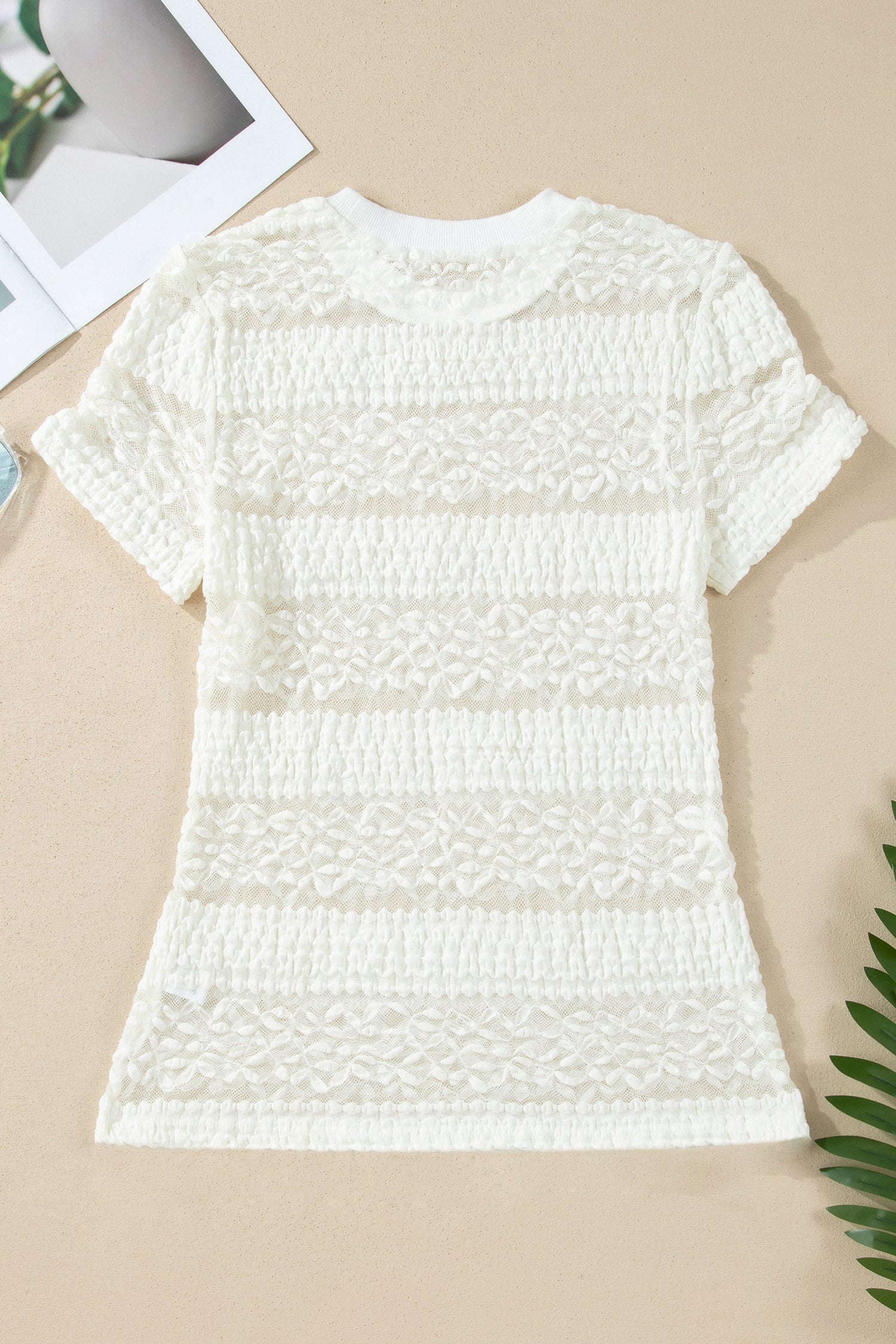 PRE-ORDER: Sheer Lace Textured Patchwork Short Sleeve Top