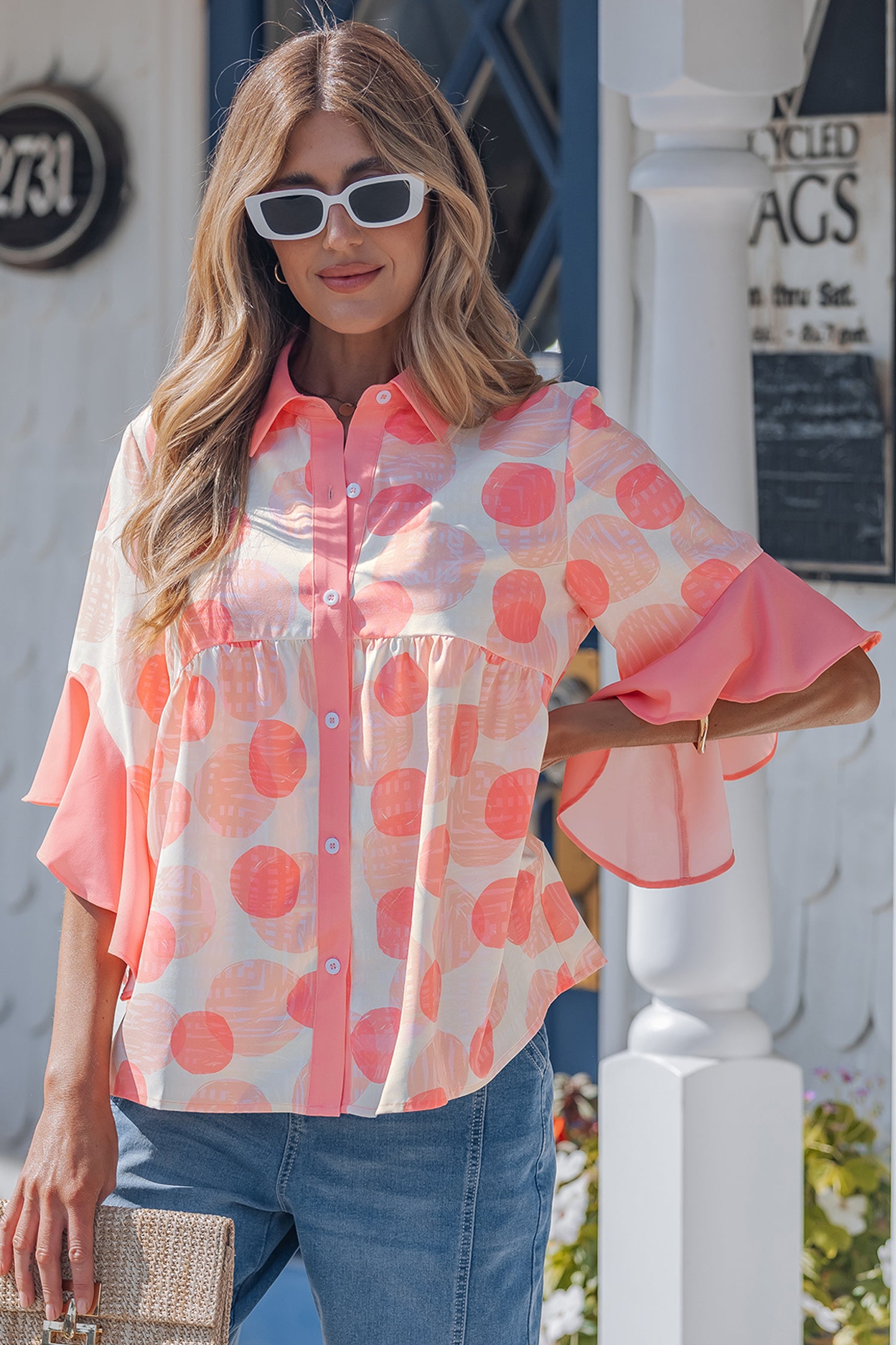 PRE-ORDER: Pink Double Polka Dot Ruffle Trim Babydoll Top