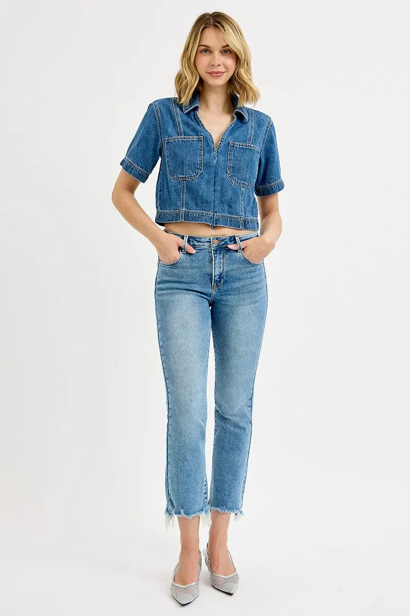 High Rise Crop Straight Slim Medium Wash Jeans