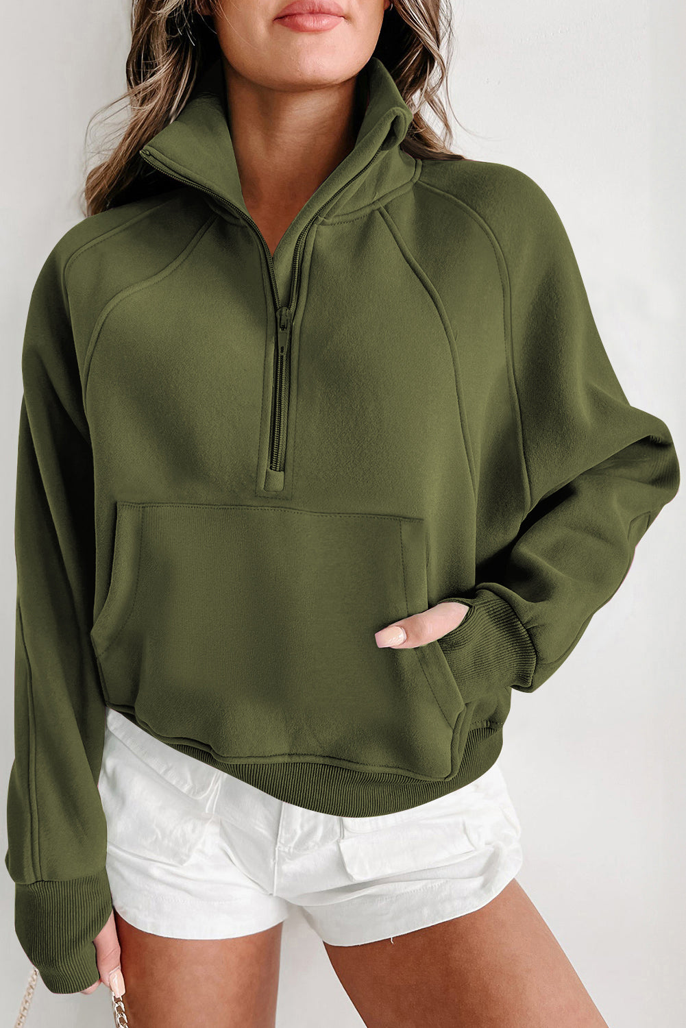 PRE-ORDER: Zip Up Stand Collar Thumbhole Sleeve Sweatshirt