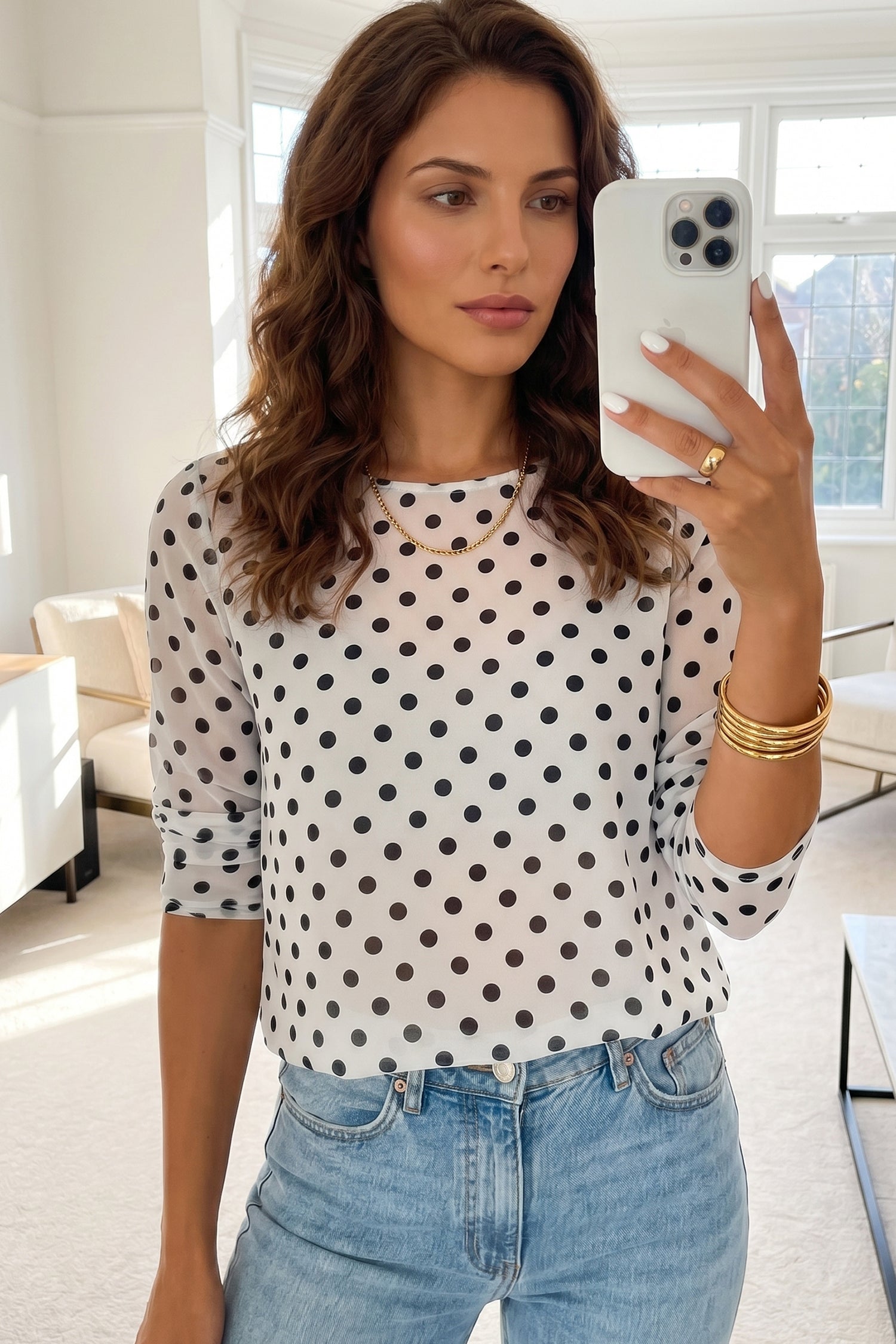 PRE-ORDER: Black Polka Dot Mesh Long Sleeve Top