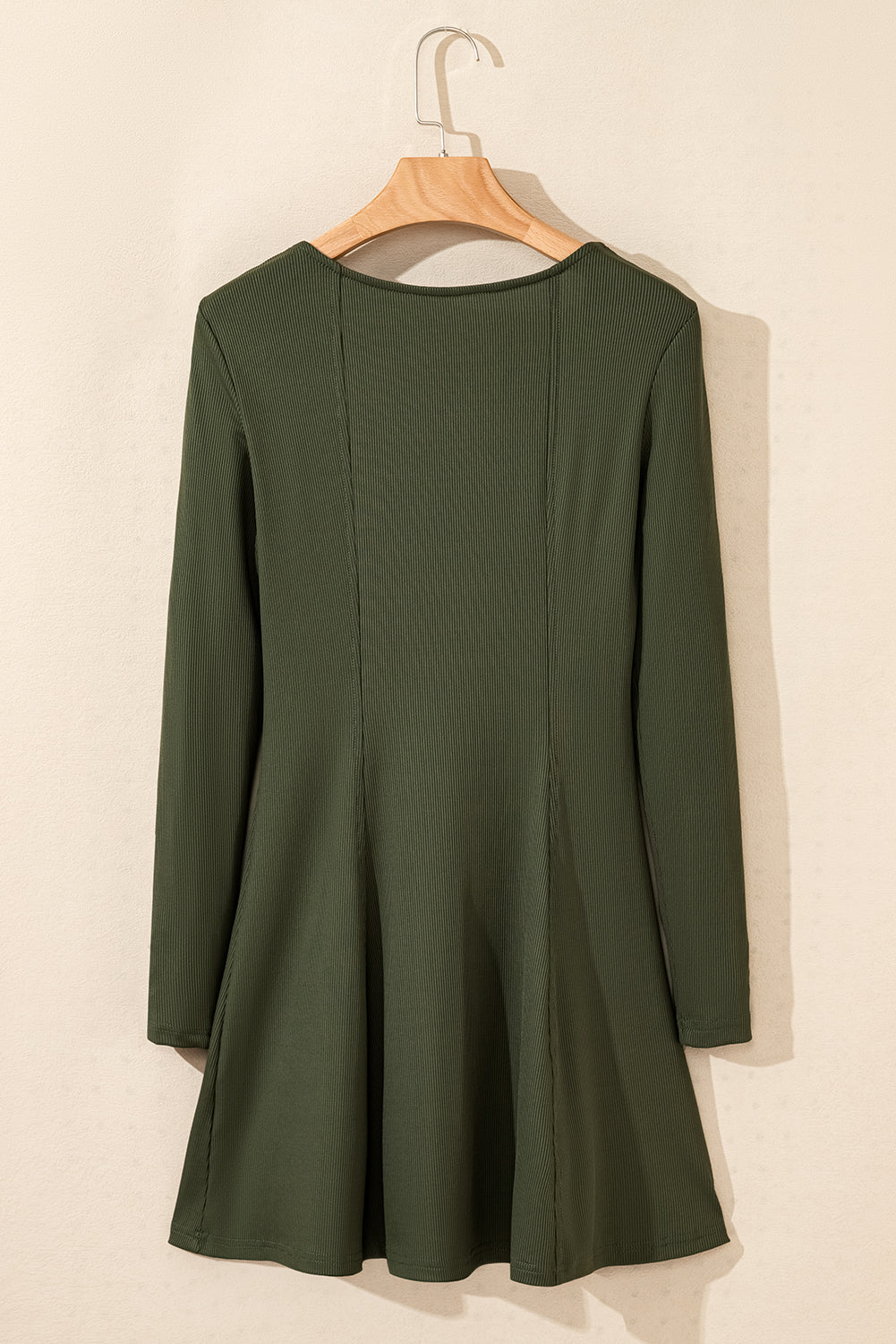 Green Ribbed Knit Square Neck Buttoned Long Sleeve Mini Dress