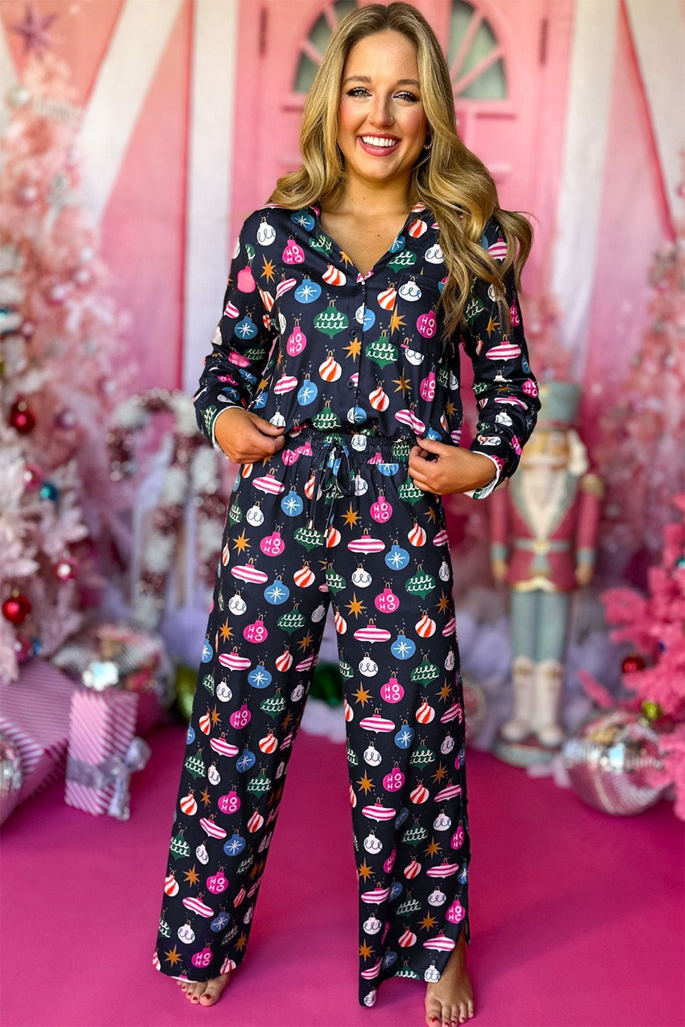 PRE-ORDER: Colorful Christmas Lights Print Shirt and Pants Pajama Set