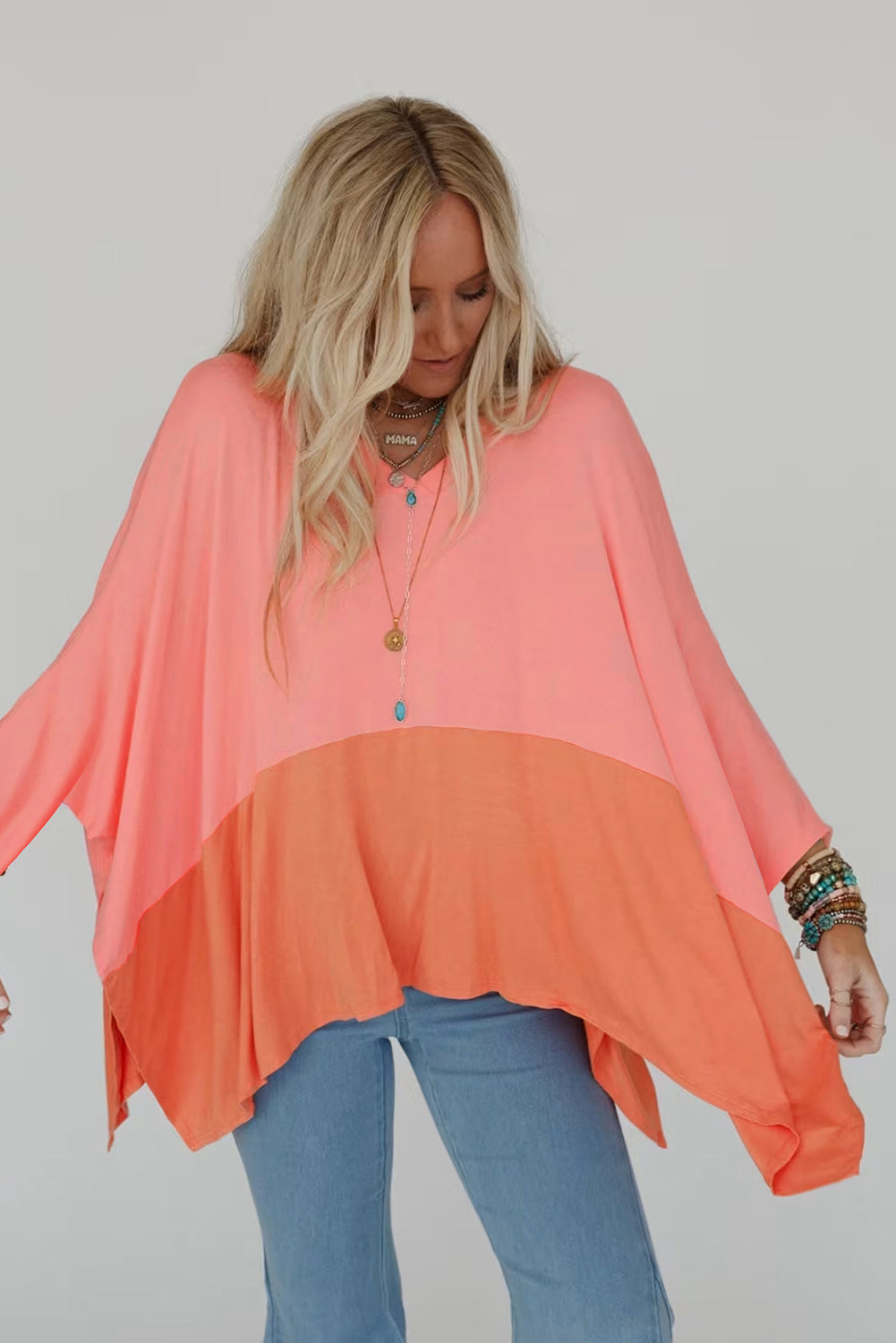 PRE-ORDER: Grapefruit Orange Colorblock V Neck Oversized Top
