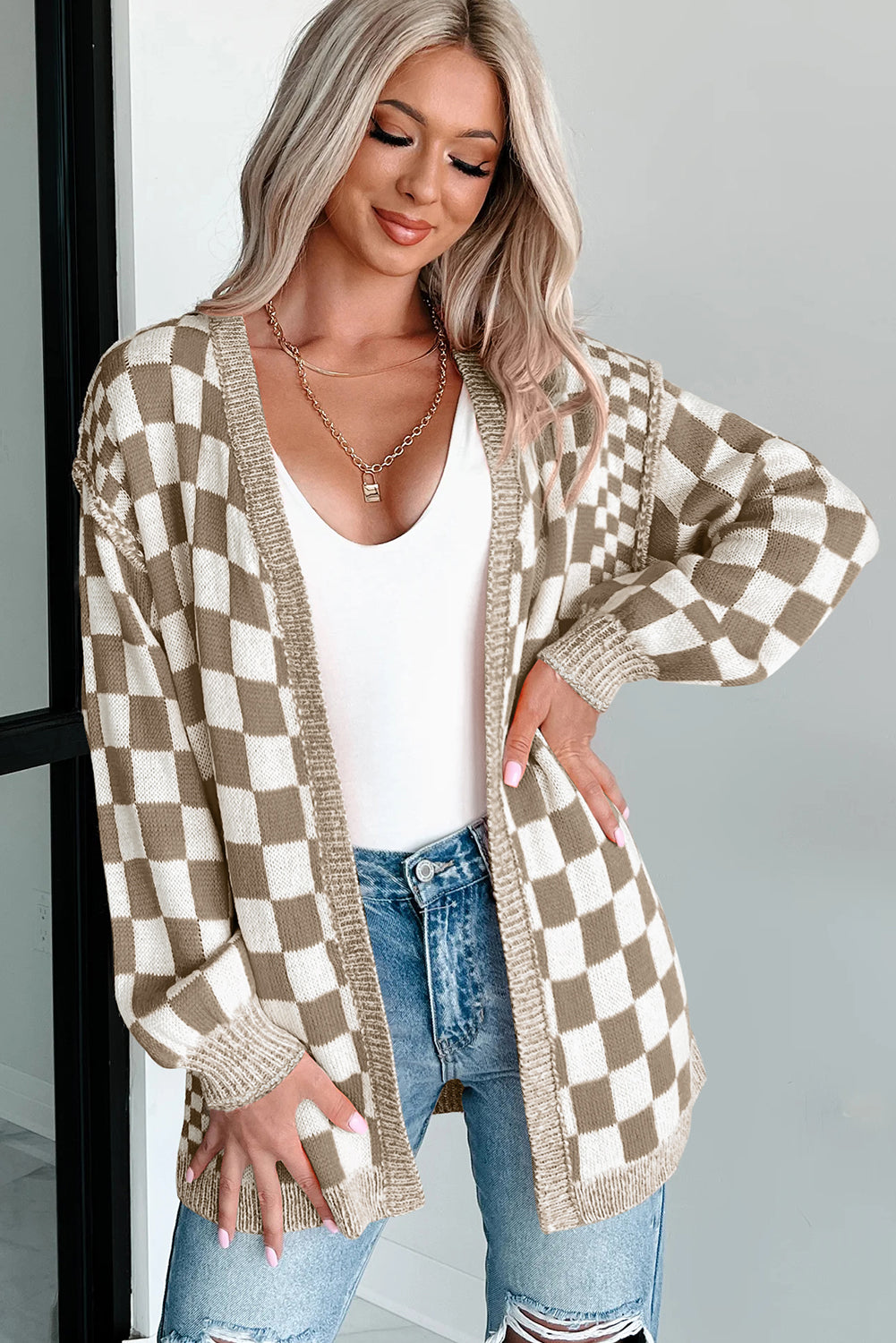 PRE-ORDER: Checkered Drop Shoulder Cardigan