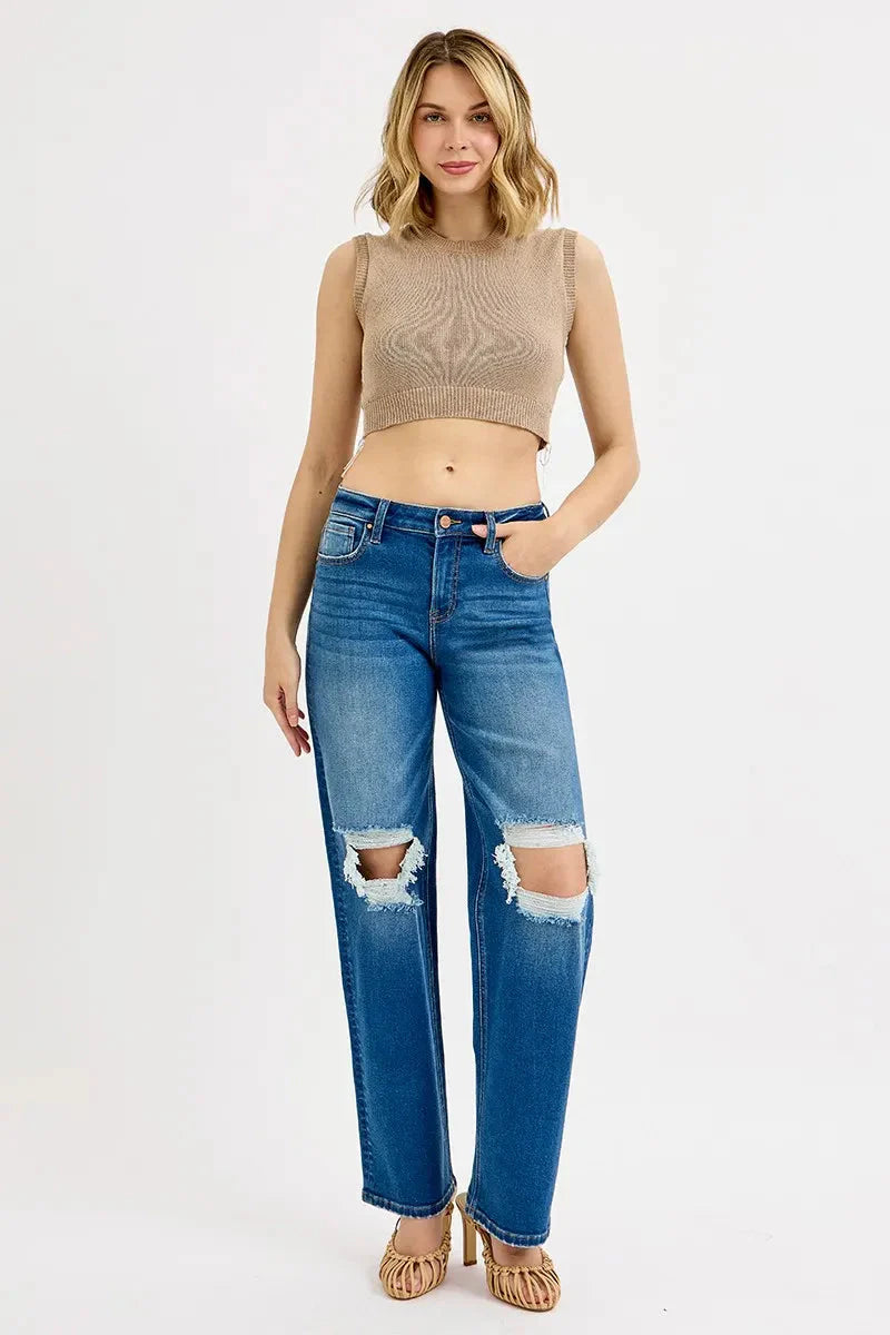 Mid-Rise Distressed Boyfriend Jeans