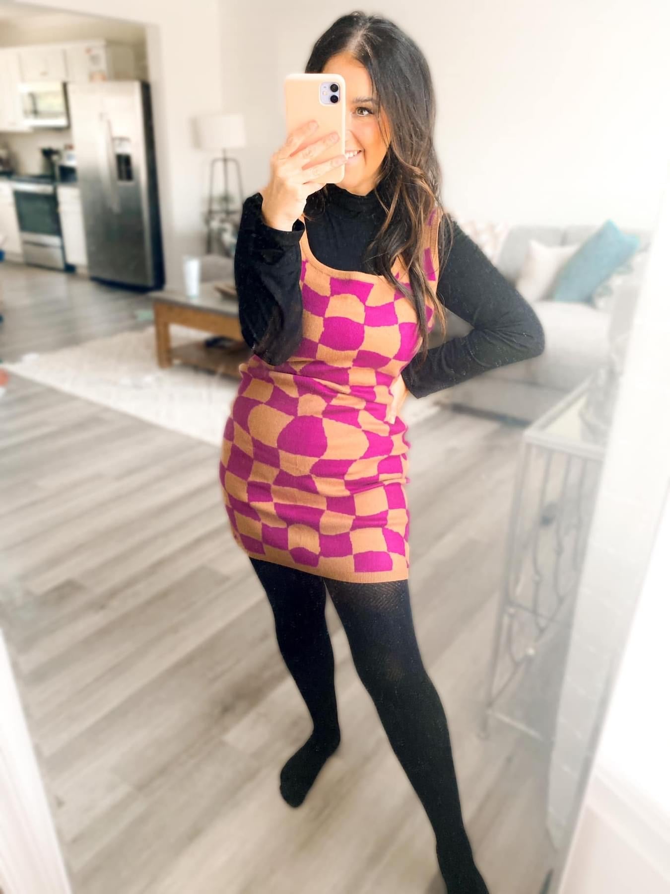 PRE-ORDER Greta Groovy Checkered Sweater Dress