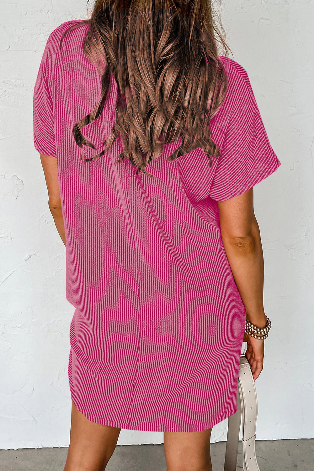 PRE-ORDER: Bright Pink Striped Ribbed Knit T-shirt Shift Dress