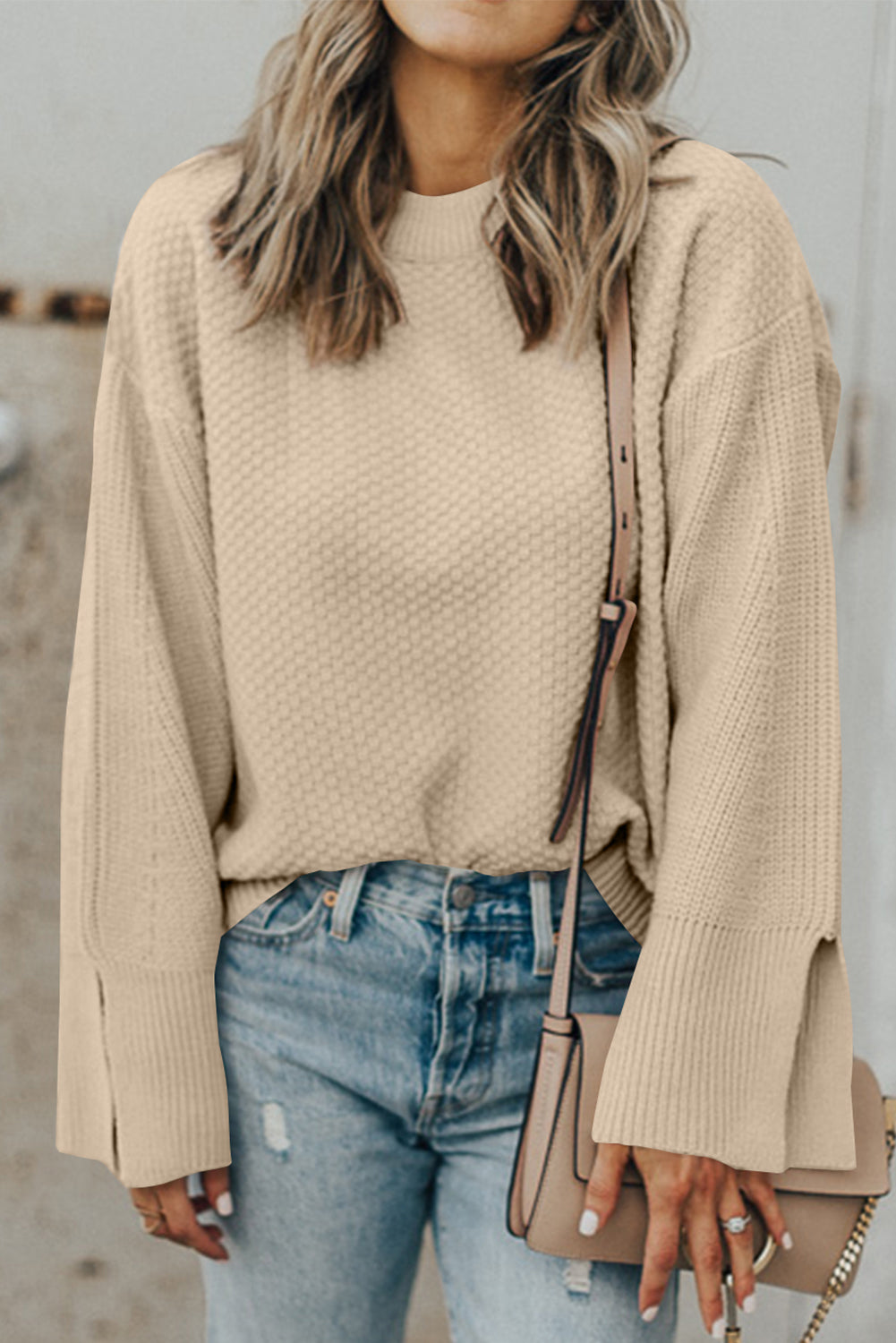 Solid Textured Knit Split Cuff Drop Shoulder Sweater