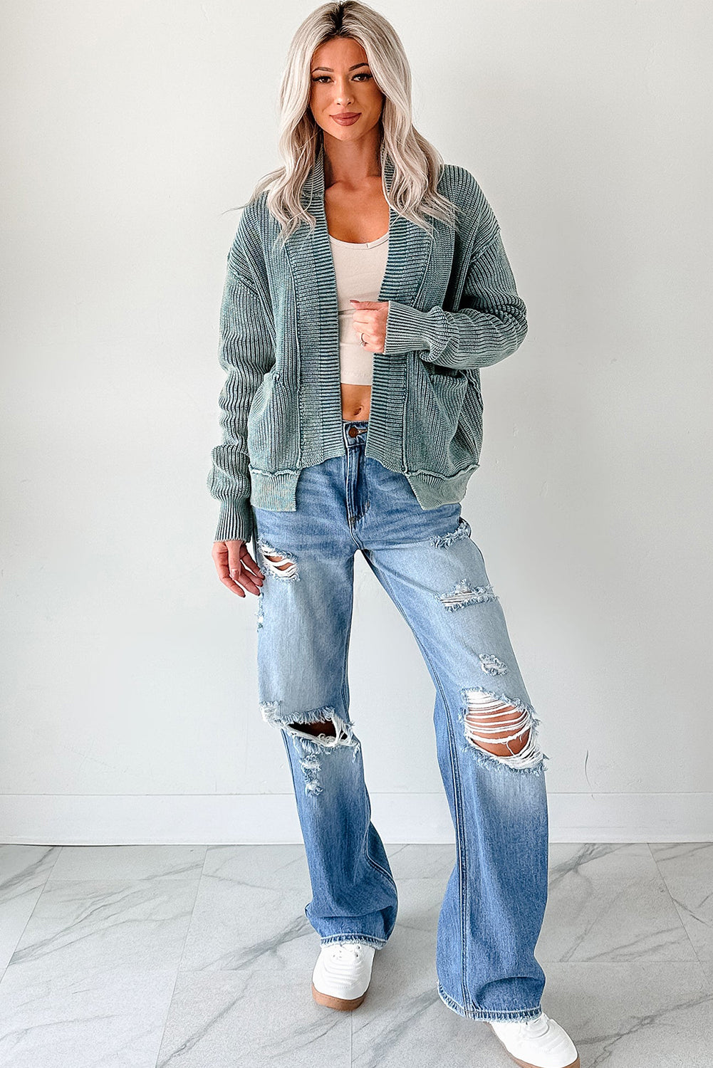 PRE-ORDER: Mineral Wash Exposed Seam Patchwork Knit Cardigan