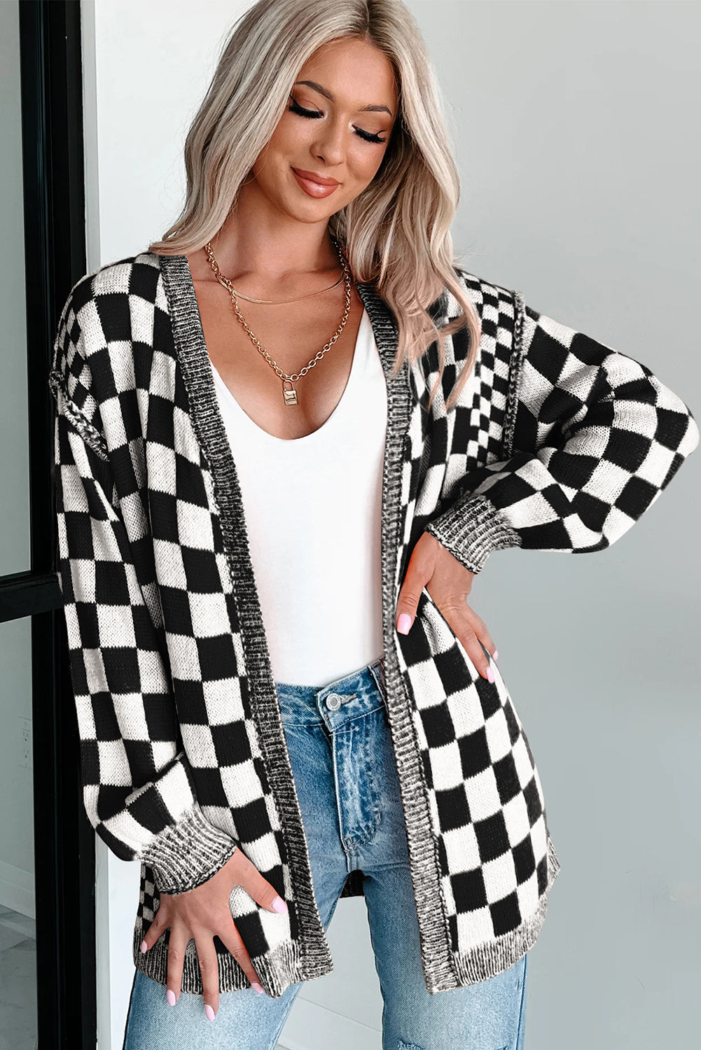PRE-ORDER: Checkered Drop Shoulder Cardigan