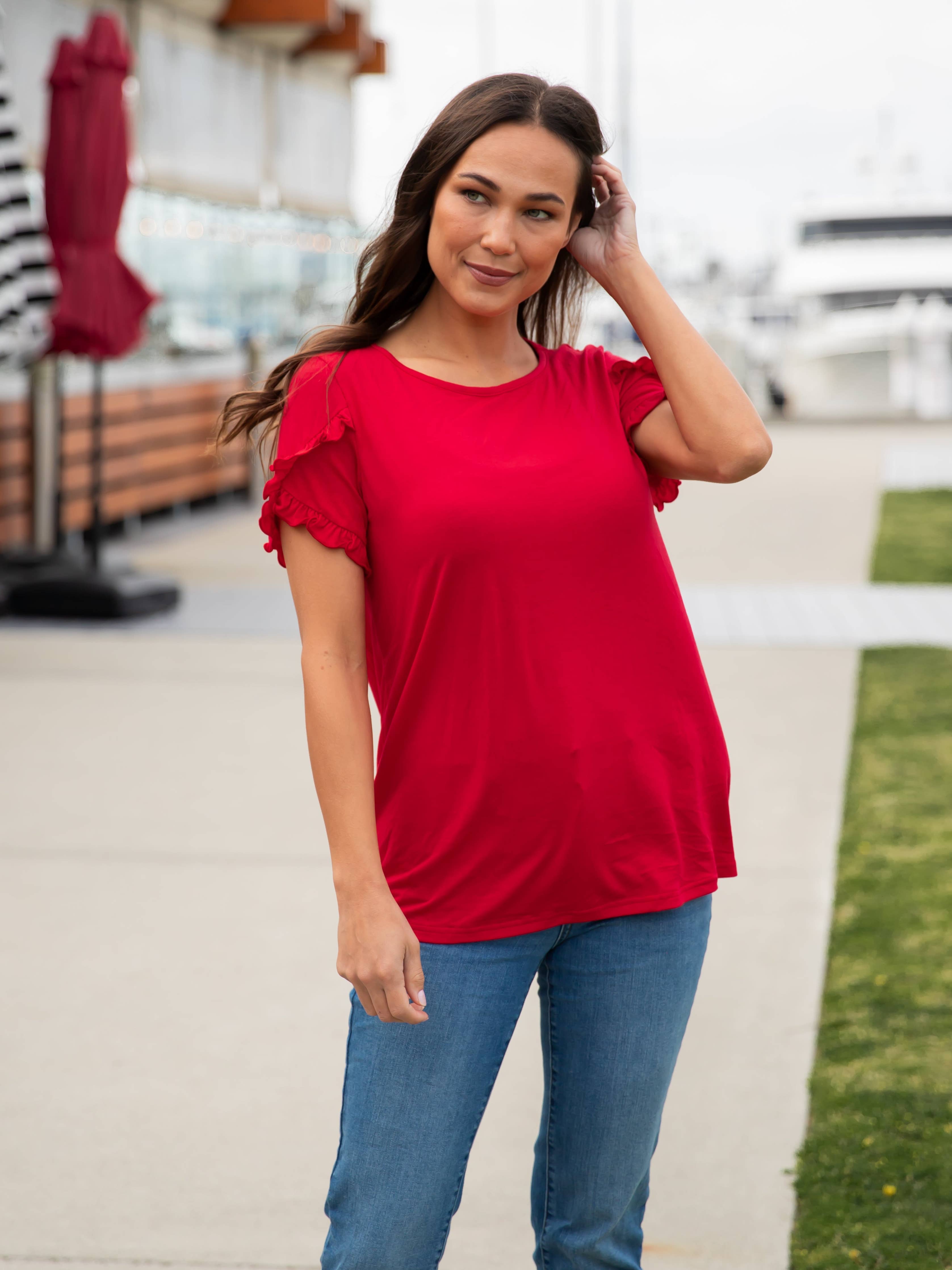 Tickled Teal - Ruffle Detail Short Sleeve Top
