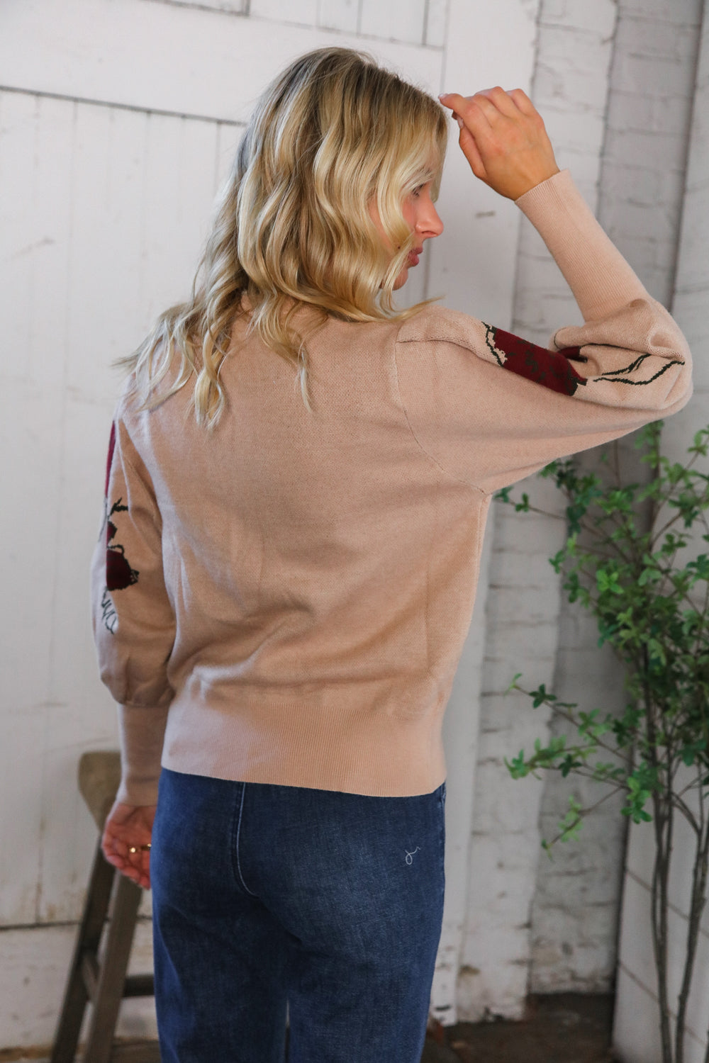 Scarlet Petals Bubble Sleeve Sweater