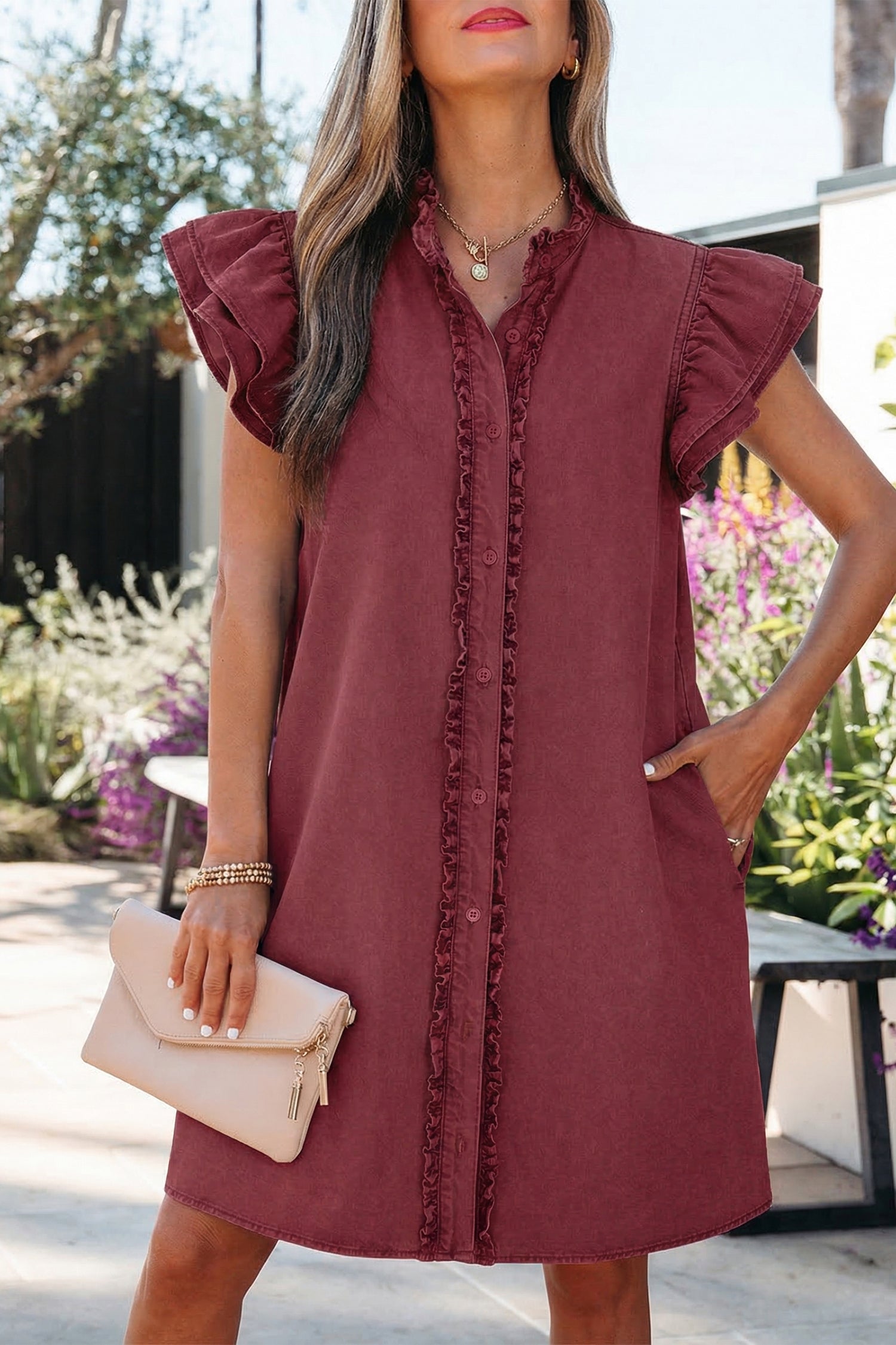 PRE-ORDER: Button Down Ruffle Sleeve Denim Mini Dress