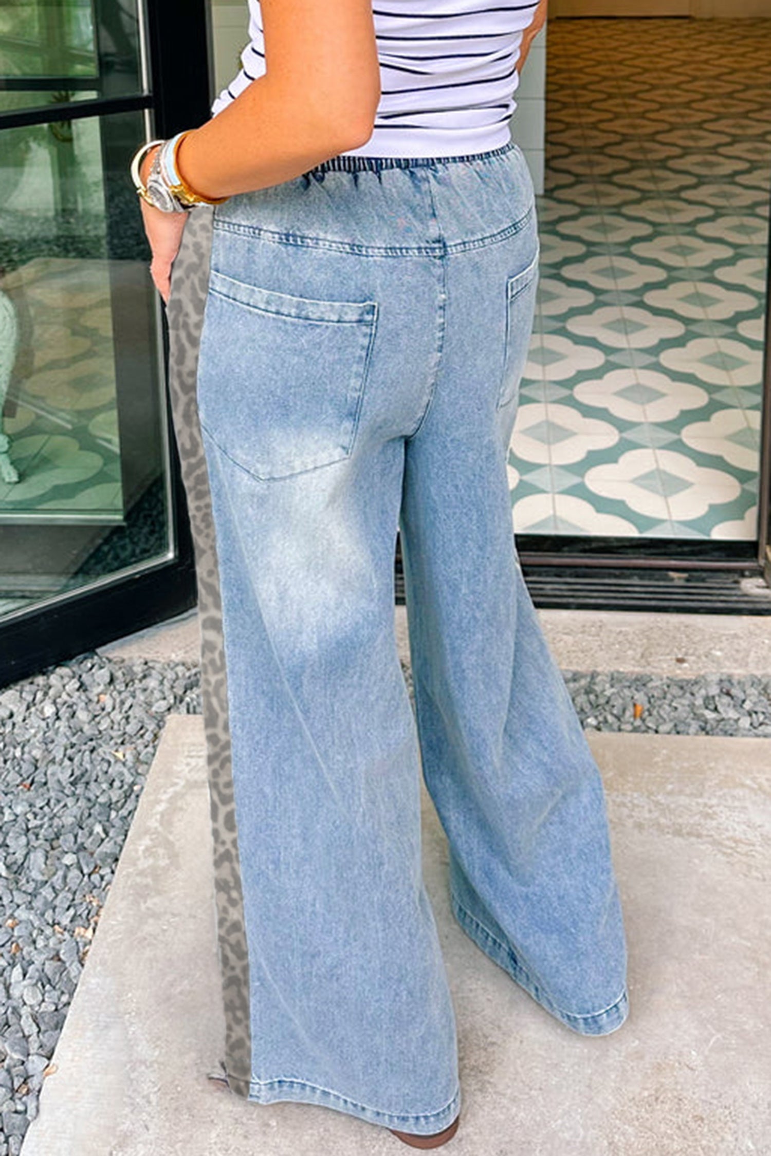 PRE-ORDER: Beau Blue Drawstring Elastic Waist Leopard Striped Side Panel Wide Leg Jeans