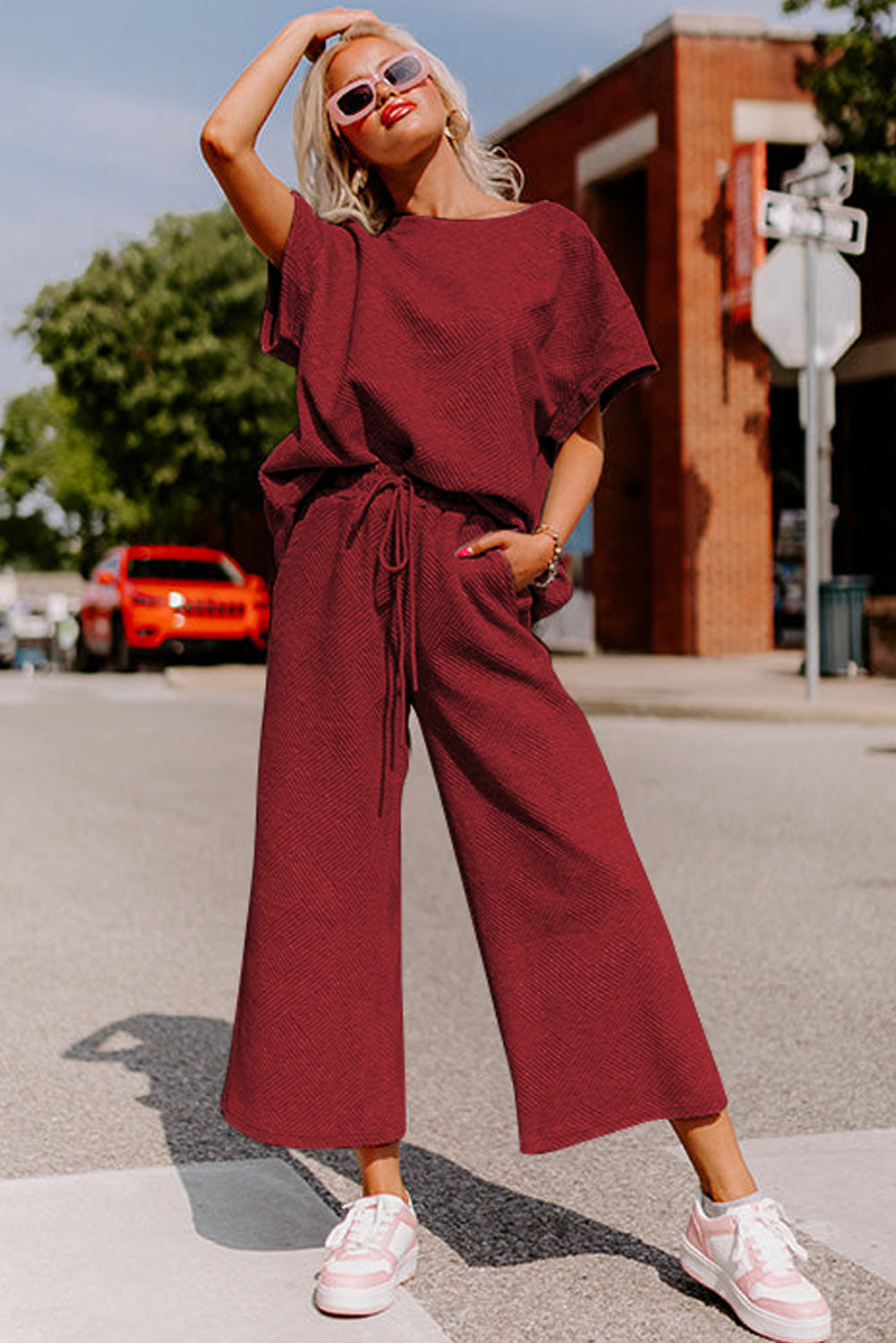 Textured Loose Fit Tee and Pants Set