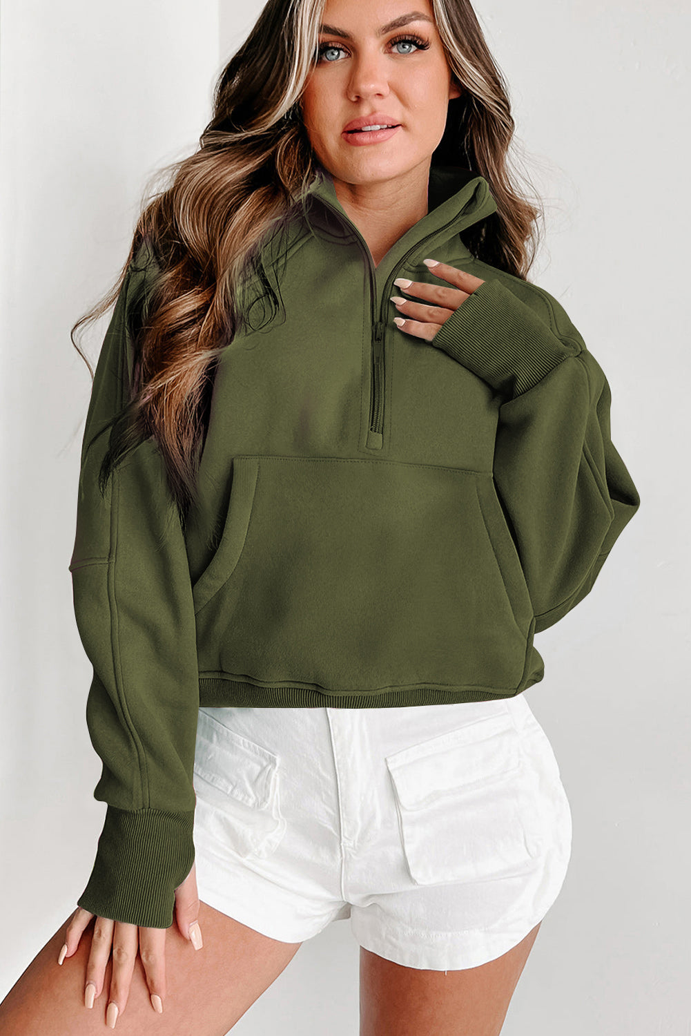 PRE-ORDER: Zip Up Stand Collar Thumbhole Sleeve Sweatshirt