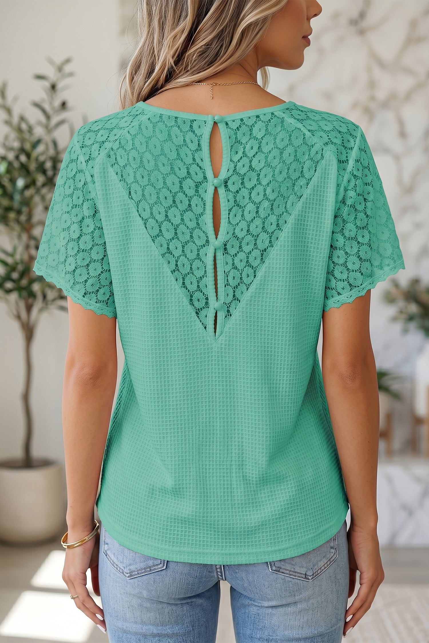 PRE-ORDER: Lace Splicing Button V Neck Waffle Knit Blouse