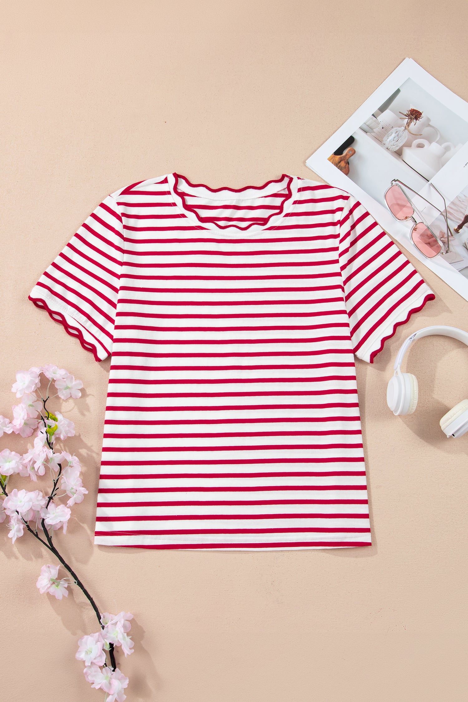 Black Stripe Scalloped Trim Round Neck T Shirt