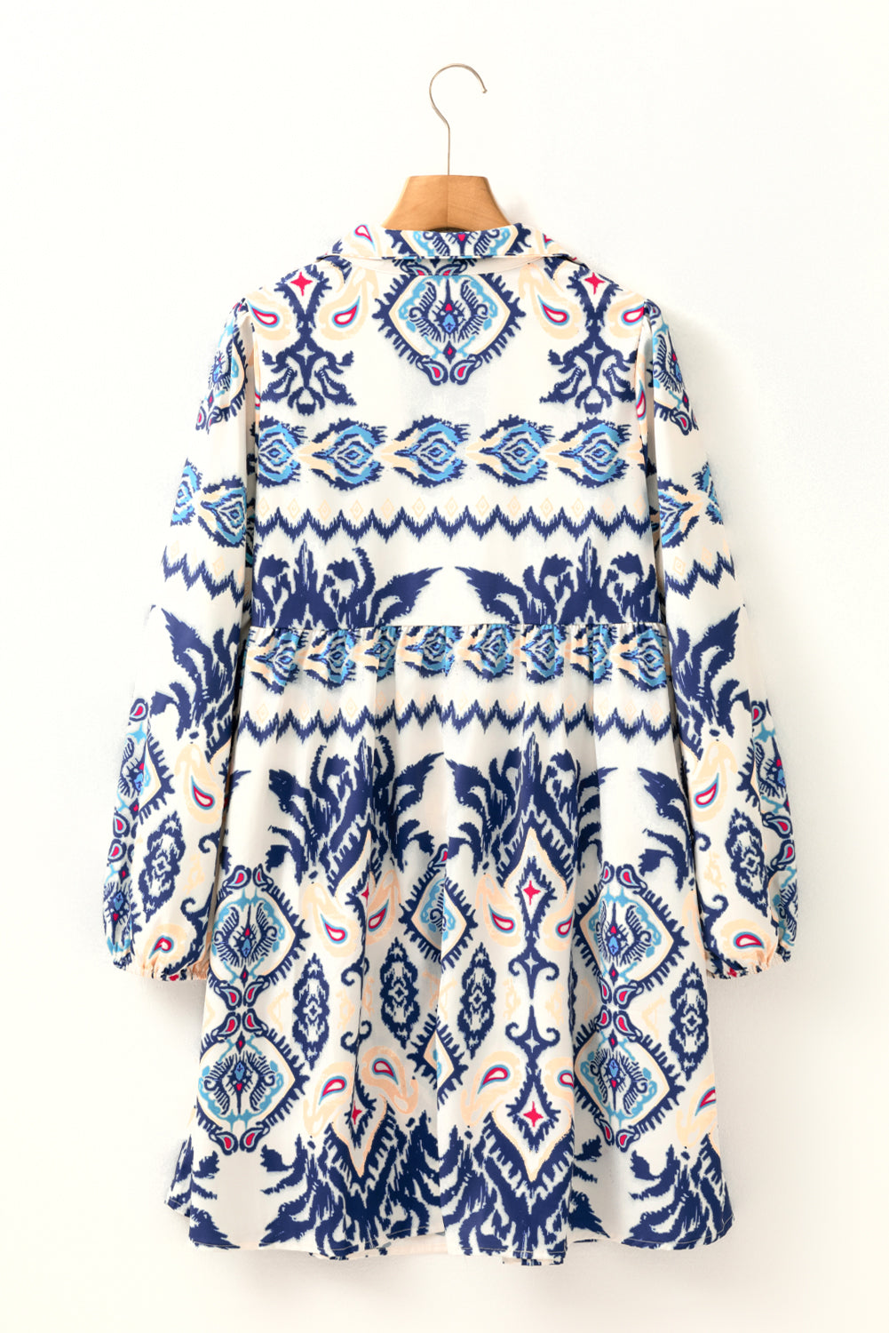 Boho Print Split Neck Long Sleeve Flowy Mini Dress