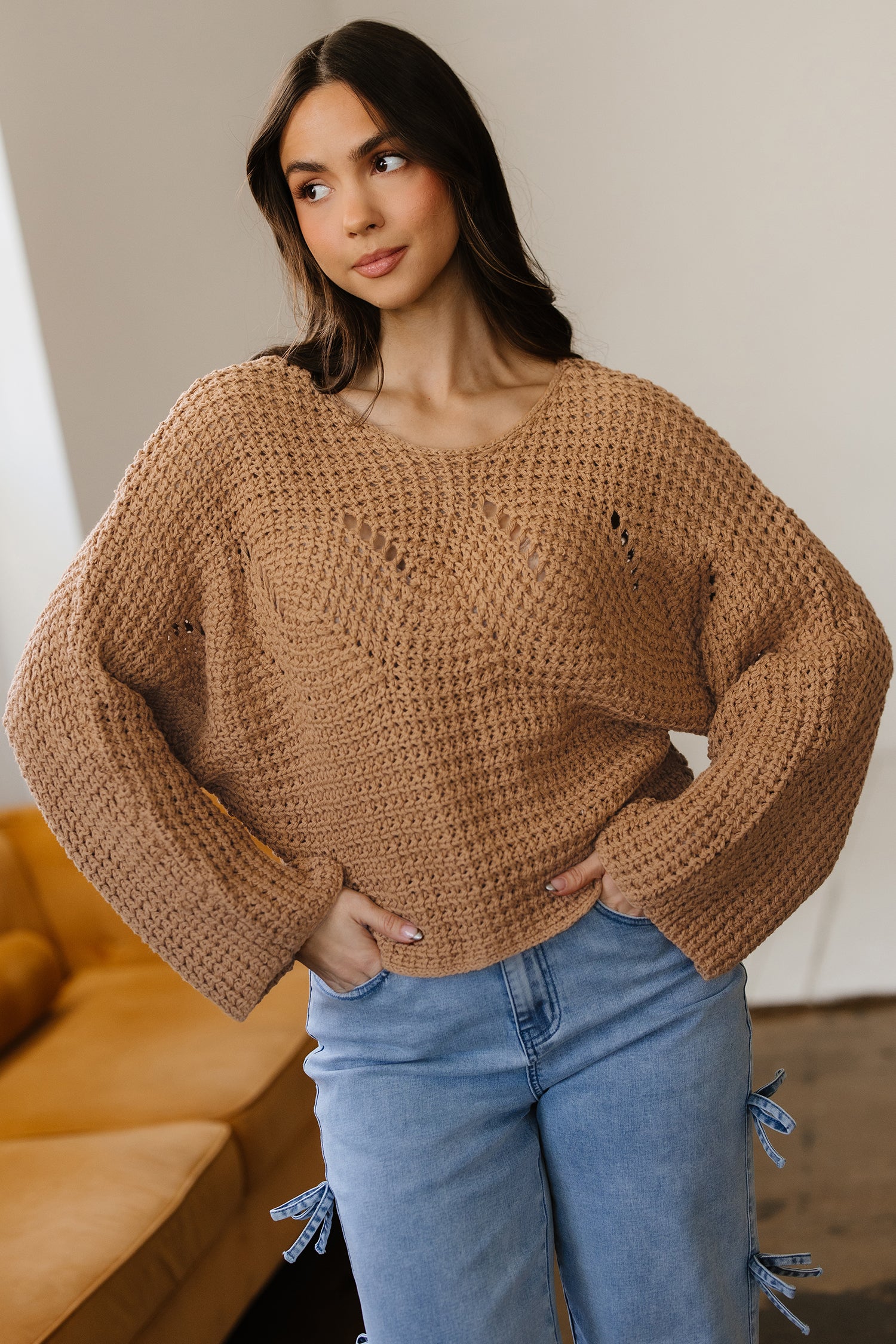 PRE-ORDER: Hollowed Detail Wide Sleeve Loose Pullover Sweater