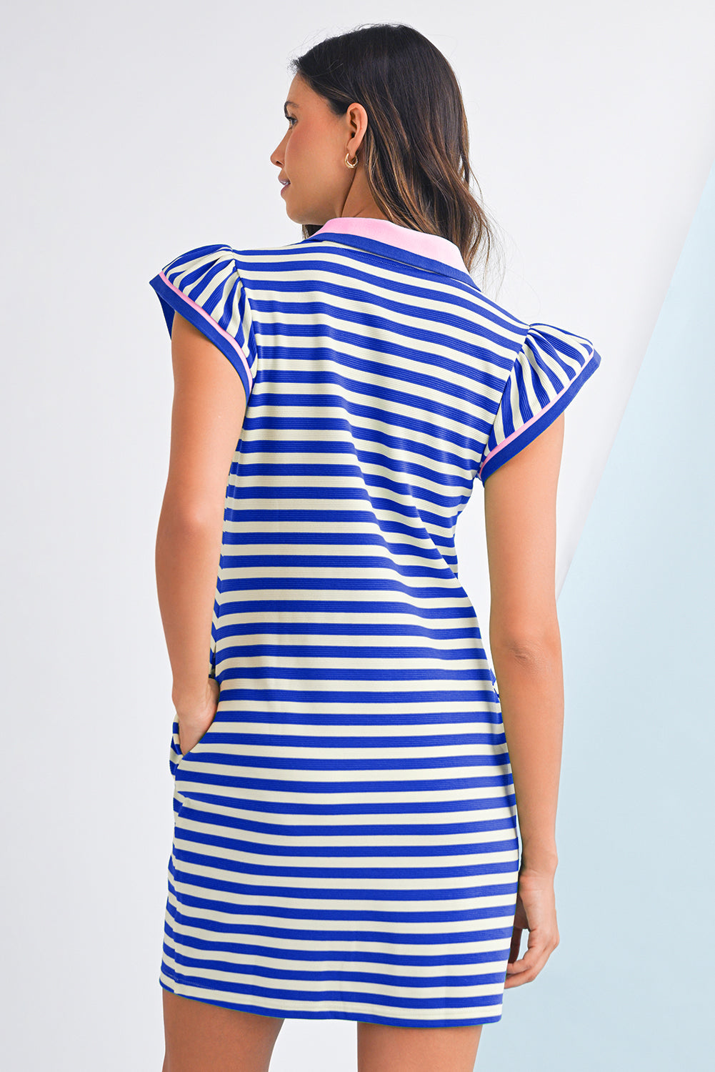 PRE-ORDER: Striped Ruffle Short Sleeve Pop of Color Neckline Dress