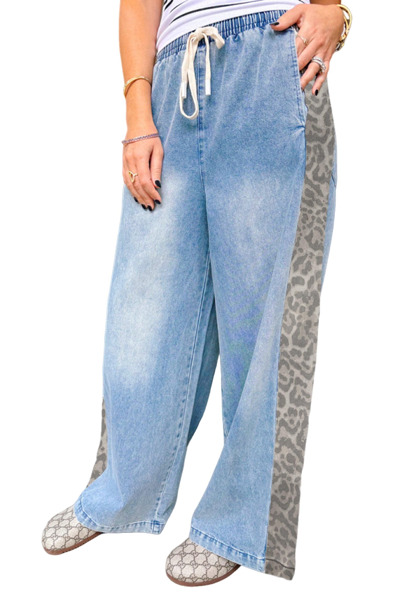 PRE-ORDER: Beau Blue Drawstring Elastic Waist Leopard Striped Side Panel Wide Leg Jeans