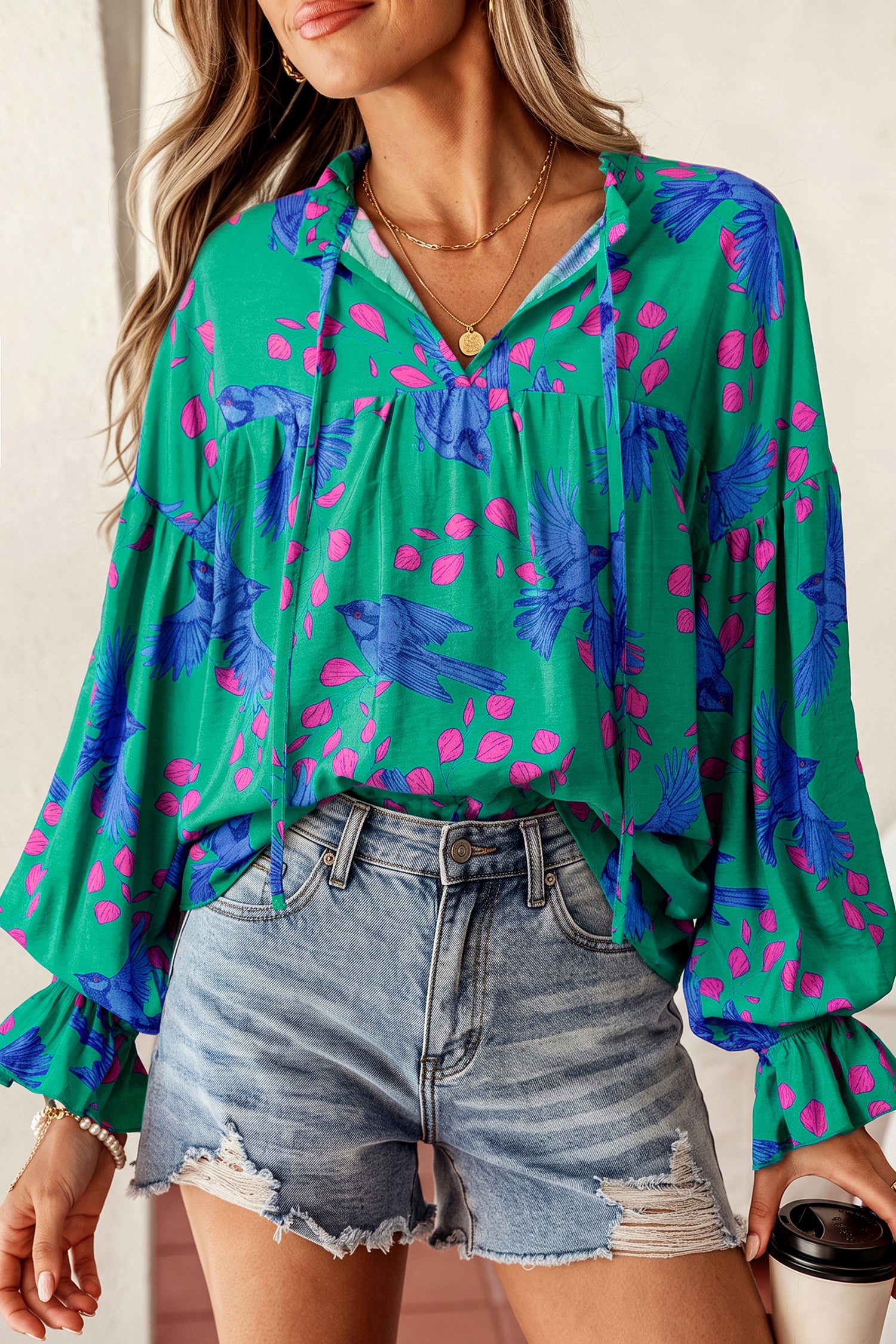 PRE-ORDER: Green Abstract Print Puff Sleeve Blouse
