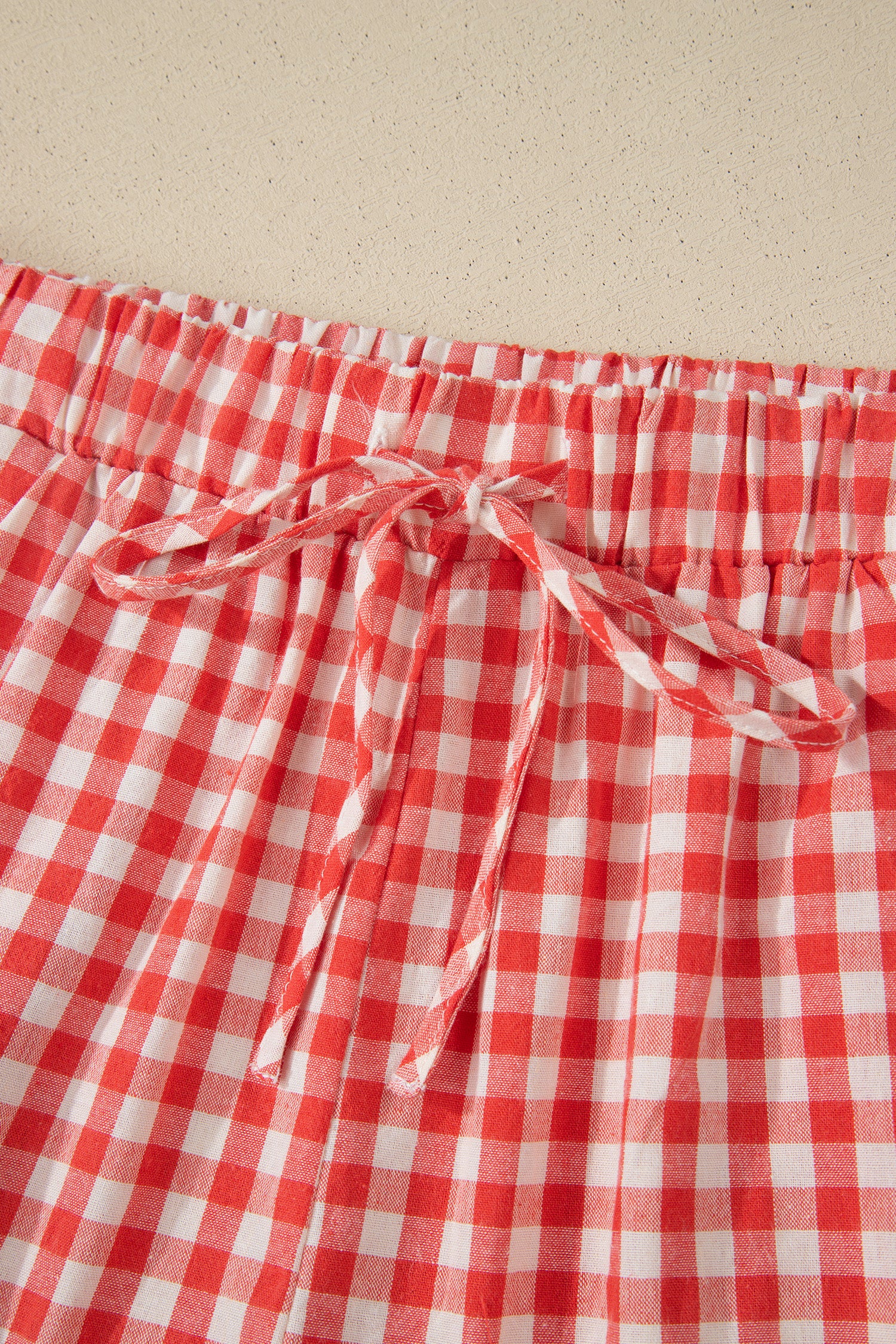 Gingham Plaid Tie Elastic Waist Lace Patchwork Hem Shorts