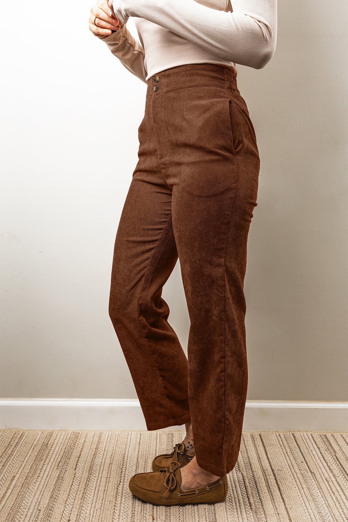 PRE-ORDER: Coffee Elastic Waist Straight Leg Ankle Length Corduroy Pants