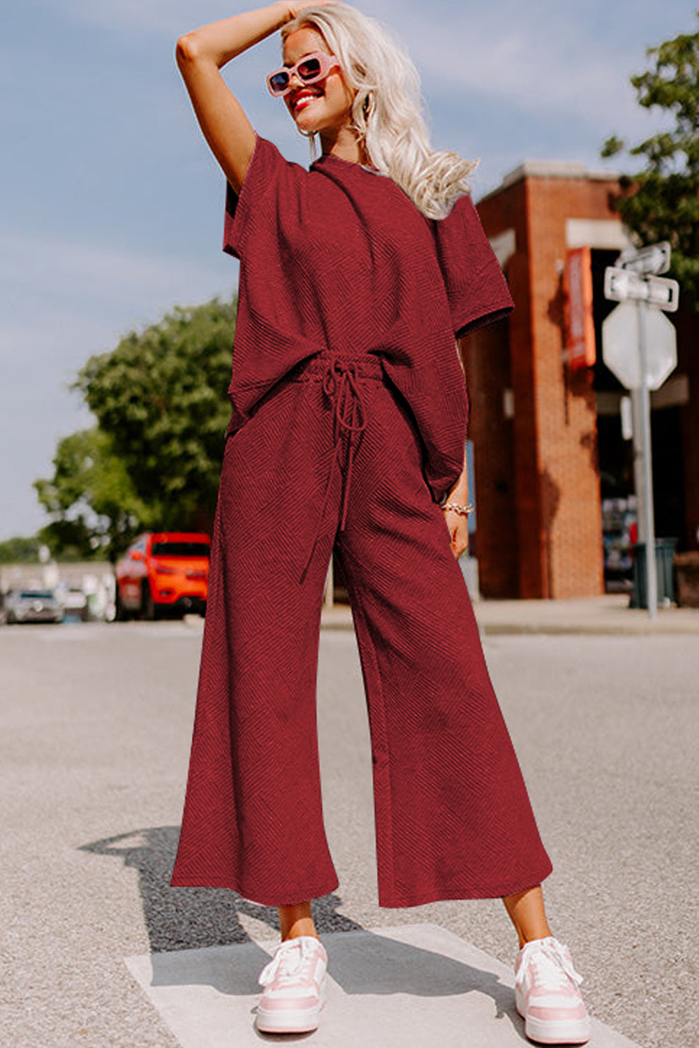 Textured Loose Fit Tee and Pants Set