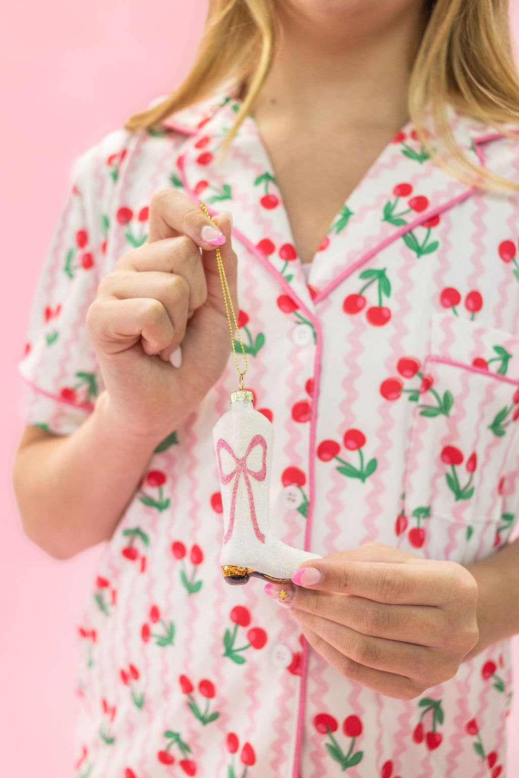 Cowboy Boot Christmas Ornament with Glitter Pink Bow