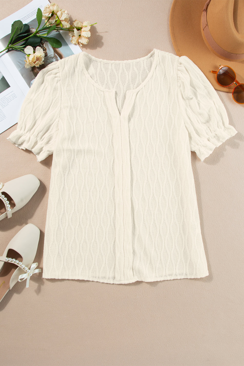 PRE-ORDER: Solid Color Textured Notched Neck Puff Sleeve Blouse