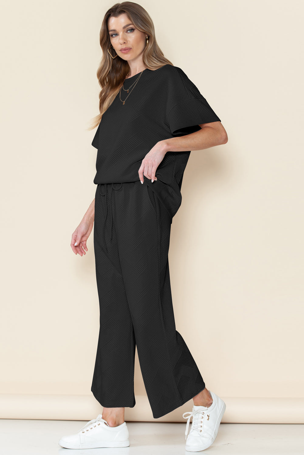 Textured Loose Fit Tee and Pants Set