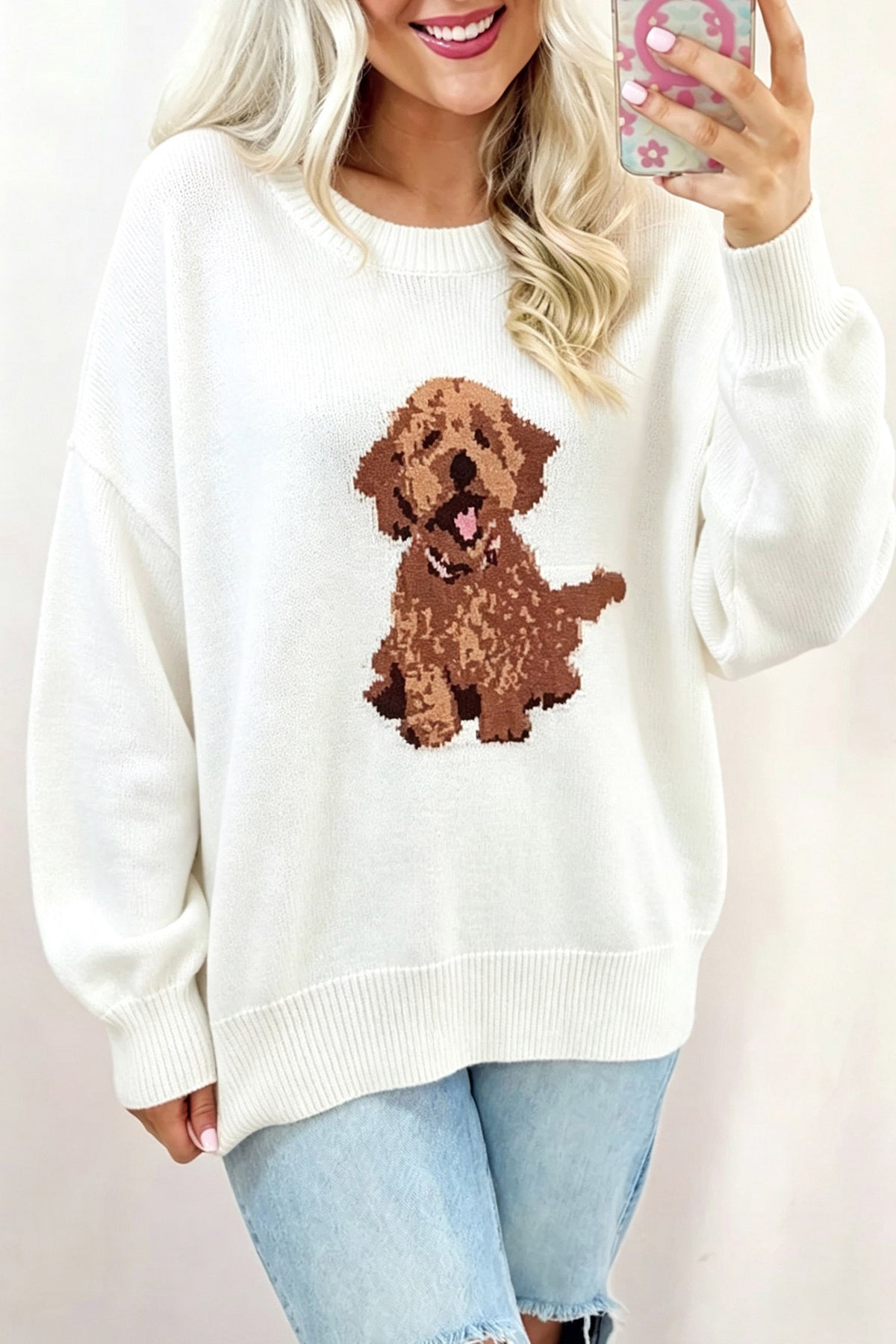 PRE-ORDER: Cozy Dog Print Dropped Shoulder Relaxed Sweater