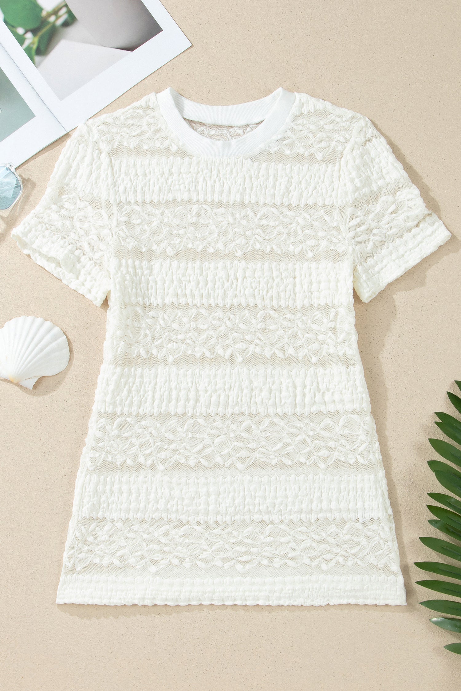 PRE-ORDER: Sheer Lace Textured Patchwork Short Sleeve Top