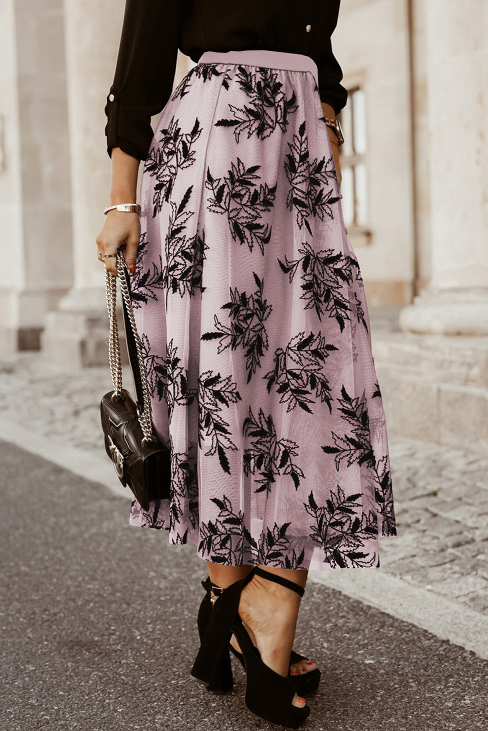 Peach Blossom Floral Embroidered High Waist Maxi Skirt