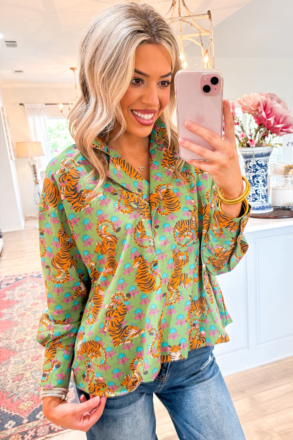 Green Tiger Floral Printed Collared V Neck Blouse