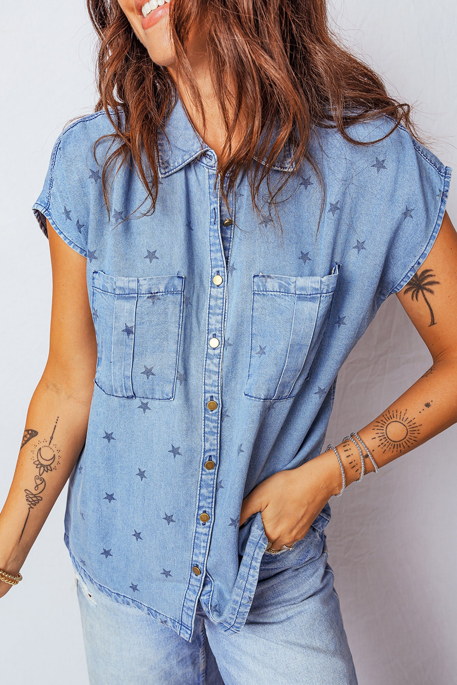 PRE-ORDER: Blue Star Print Double Chest Pocket Short Sleeve Denim Shirt