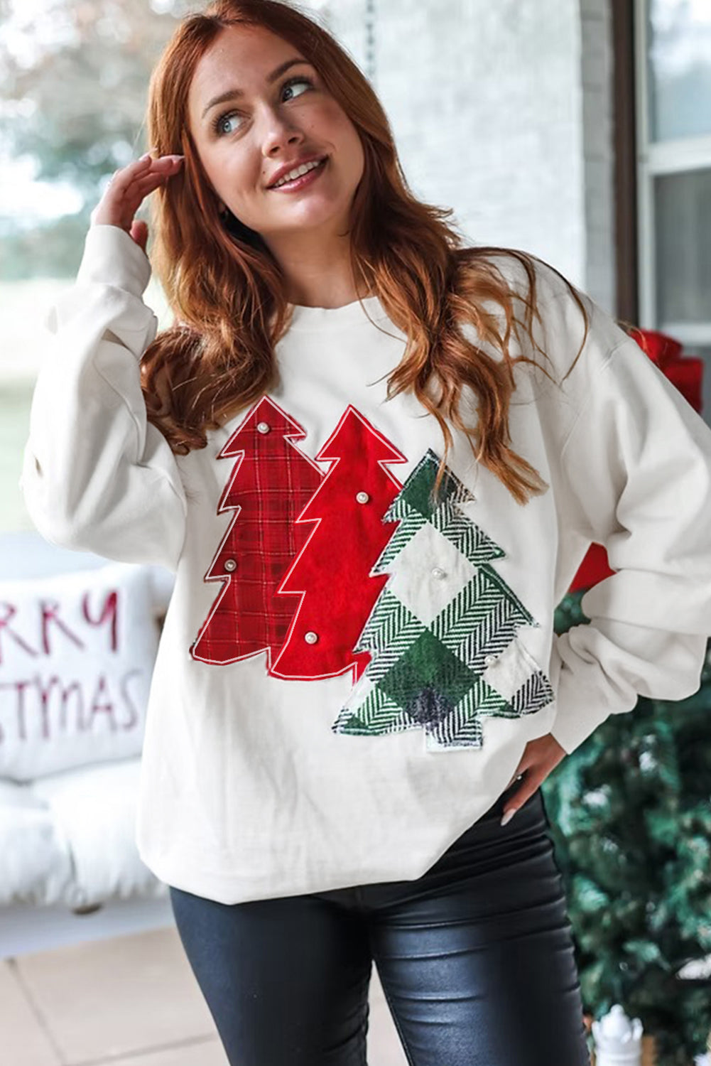 PRE-ORDER: White Pearl Plaid Christmas Tree Patched Drop Shoulder Sweatshirt