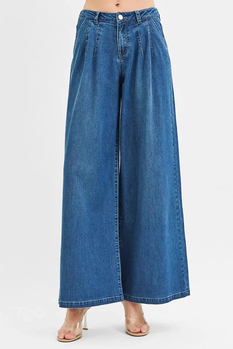 Mid Rise Wide Leg Knit Denim Palazzo Jeans