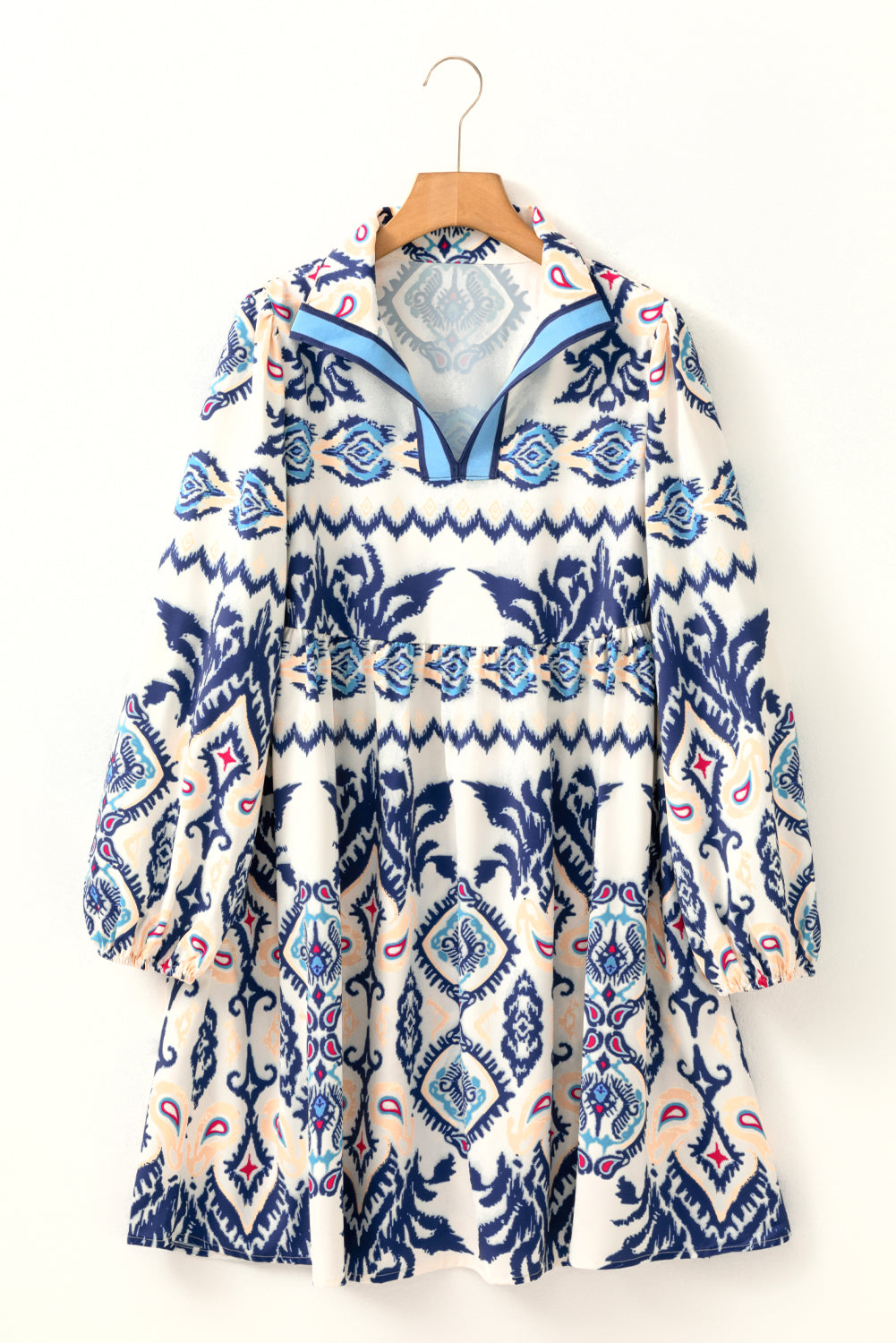 Boho Print Split Neck Long Sleeve Flowy Mini Dress