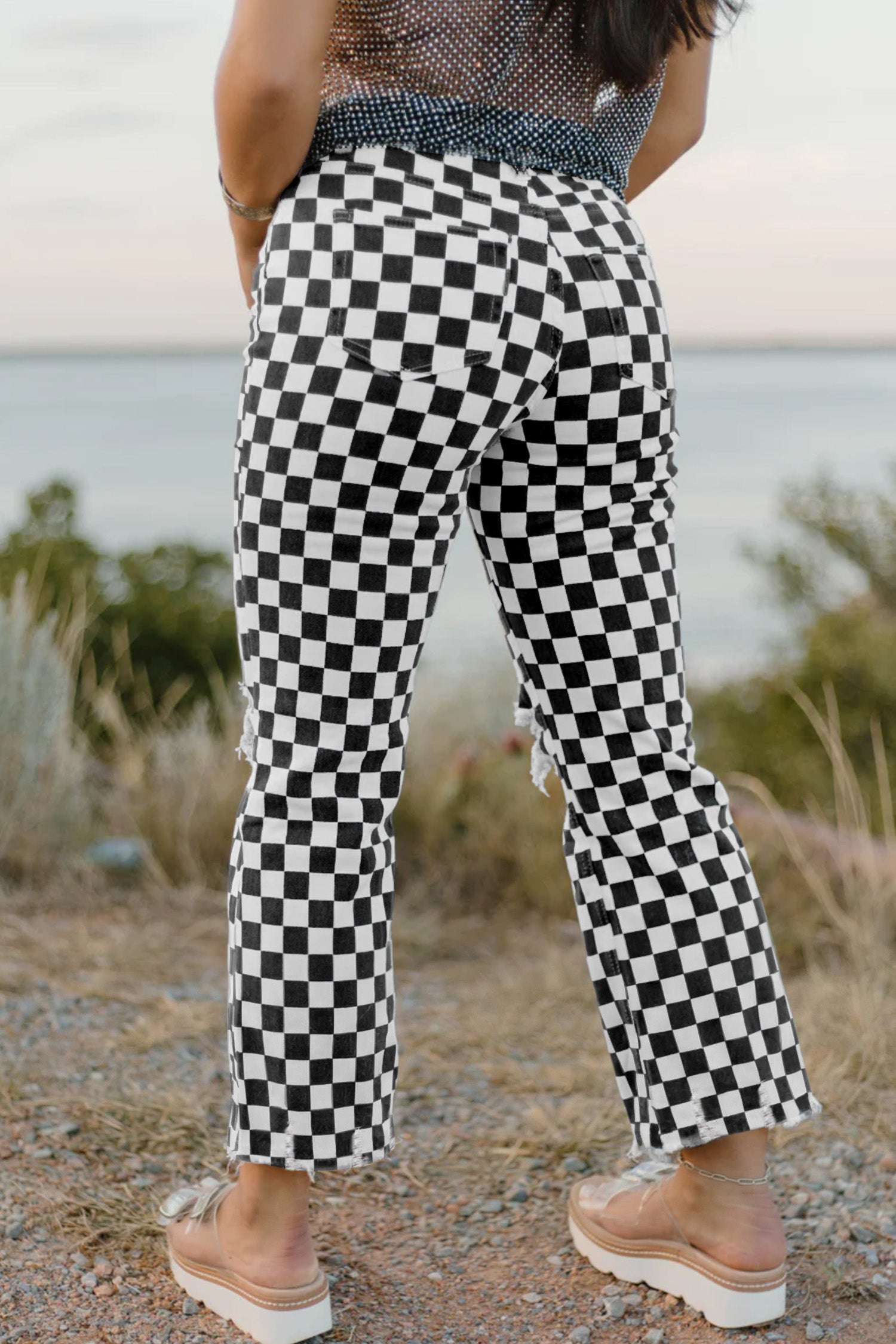 PRE-ORDER: Checkerboard Print Distressed Raw Edge Cropped Jeans