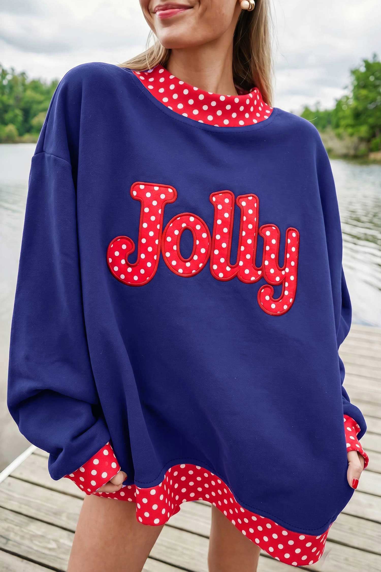 PRE-ORDER: Polka Dot Letter Contrast Trim Mock Neck Sweatshirt