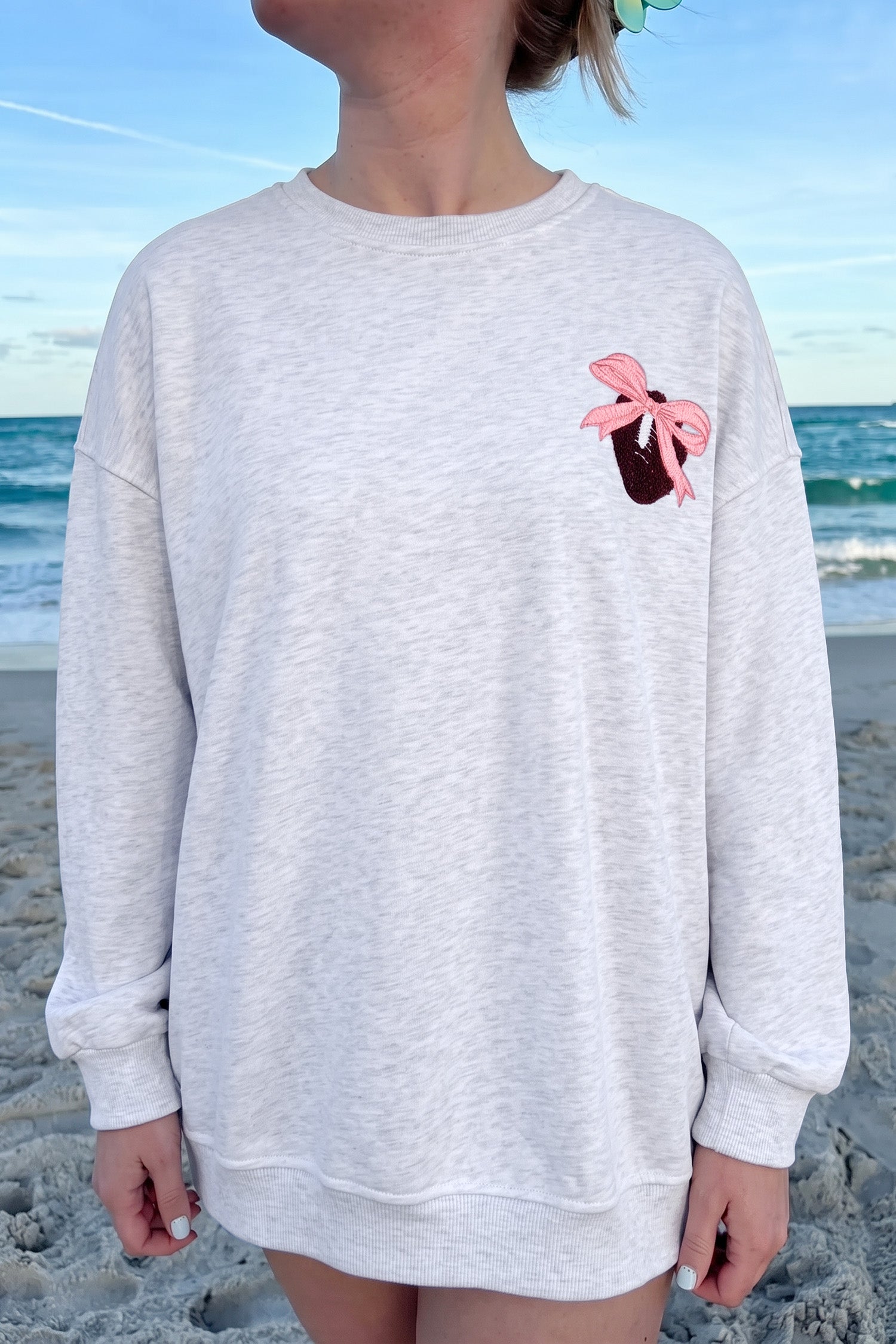 PRE-ORDER: Light Grey Football Bow Back Sweatshirt