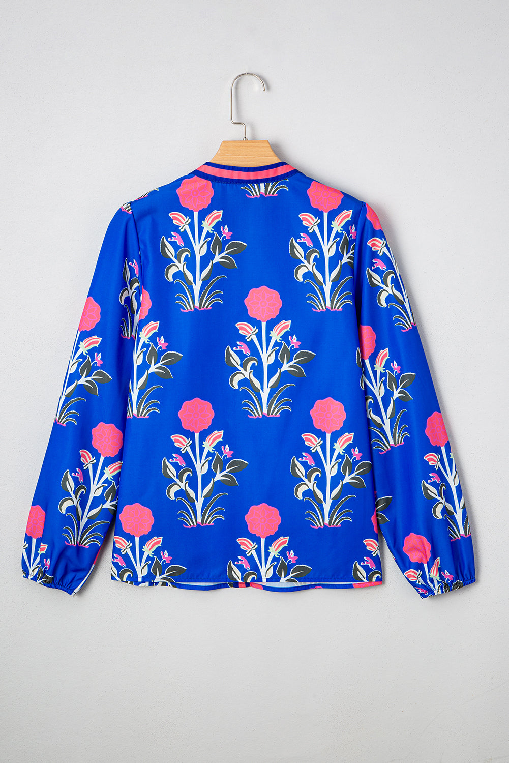 PRE-ORDER: Blue Floral Print Pop Of Color V Neck Puff Sleeve Blouse