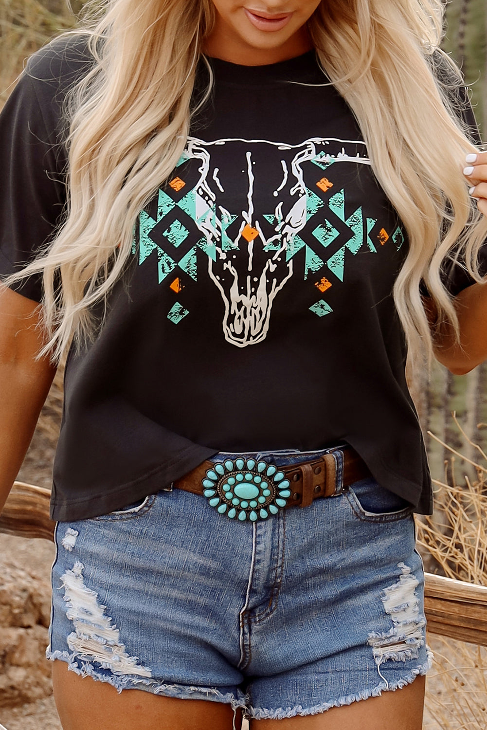 Vintage Western Bull Head Skull Turquoise Aztec Graphic Tee