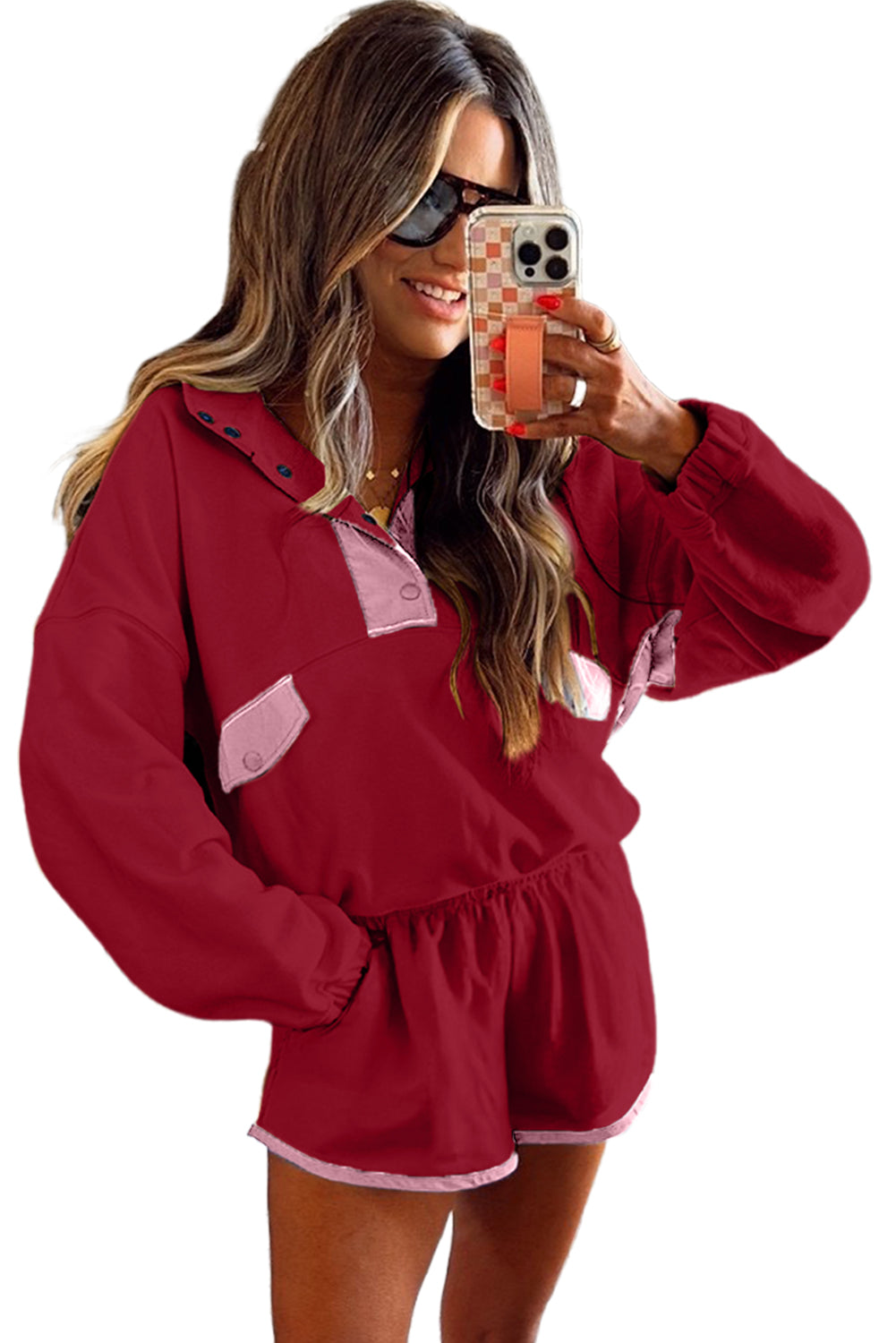 PRE-ORDER: Colorblock Patchwork Half Button Pullover and Shorts Outfit