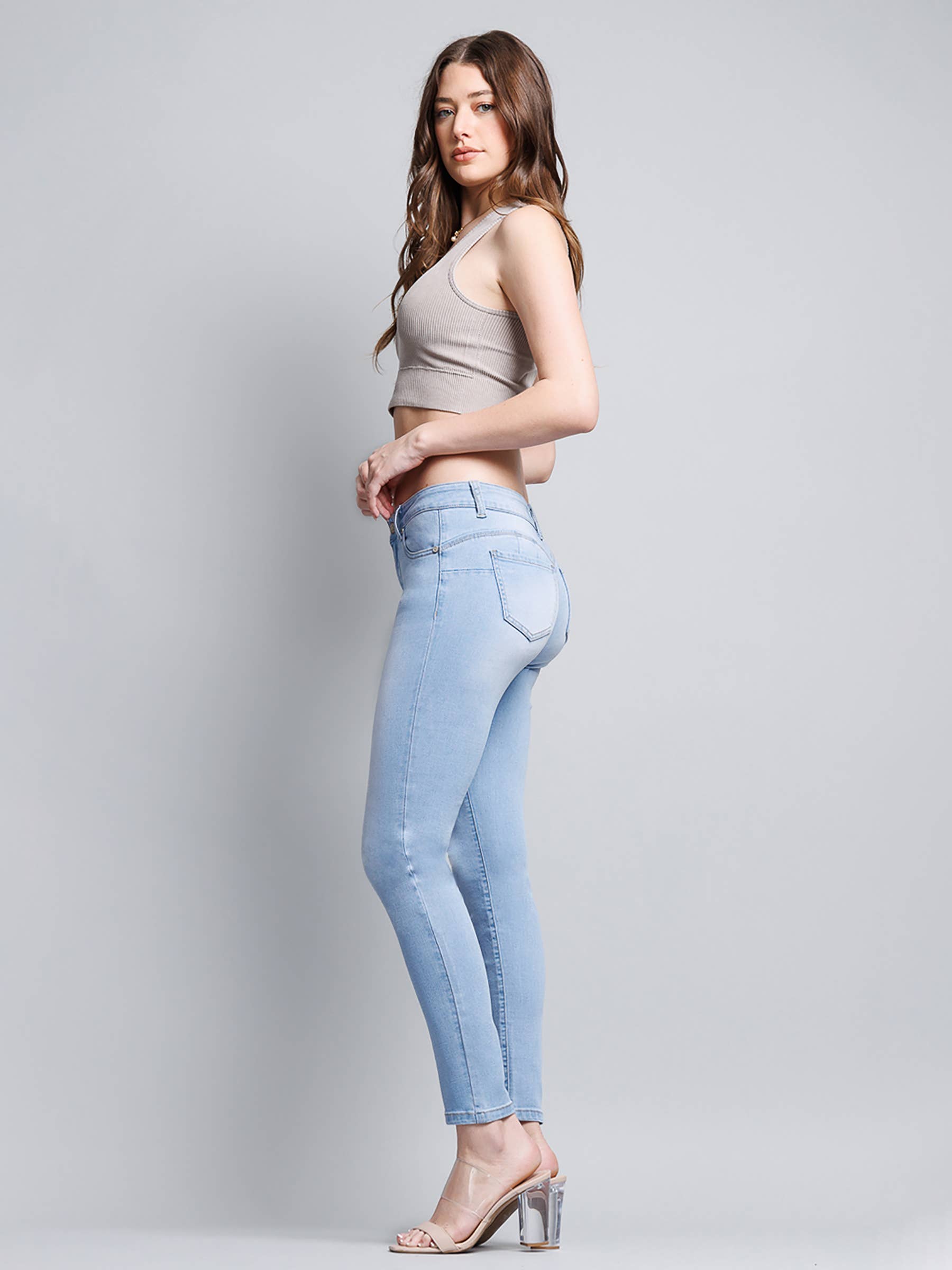 Mid Rise Push Up Ankle Skinny Jeans