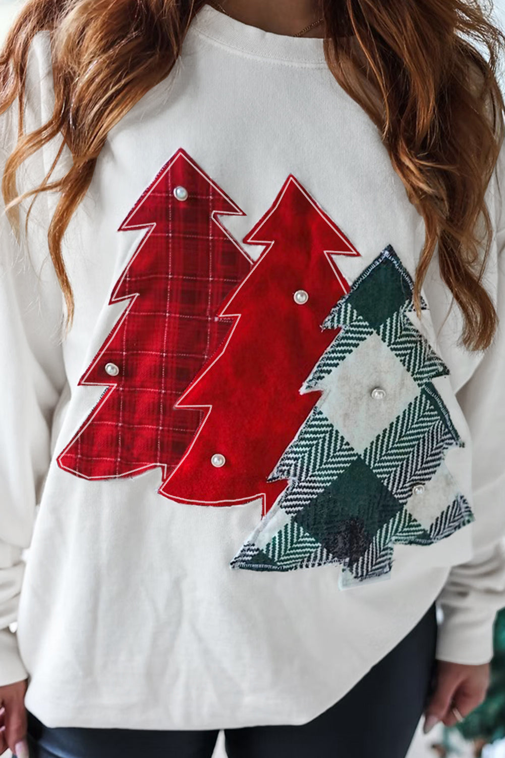PRE-ORDER: White Pearl Plaid Christmas Tree Patched Drop Shoulder Sweatshirt